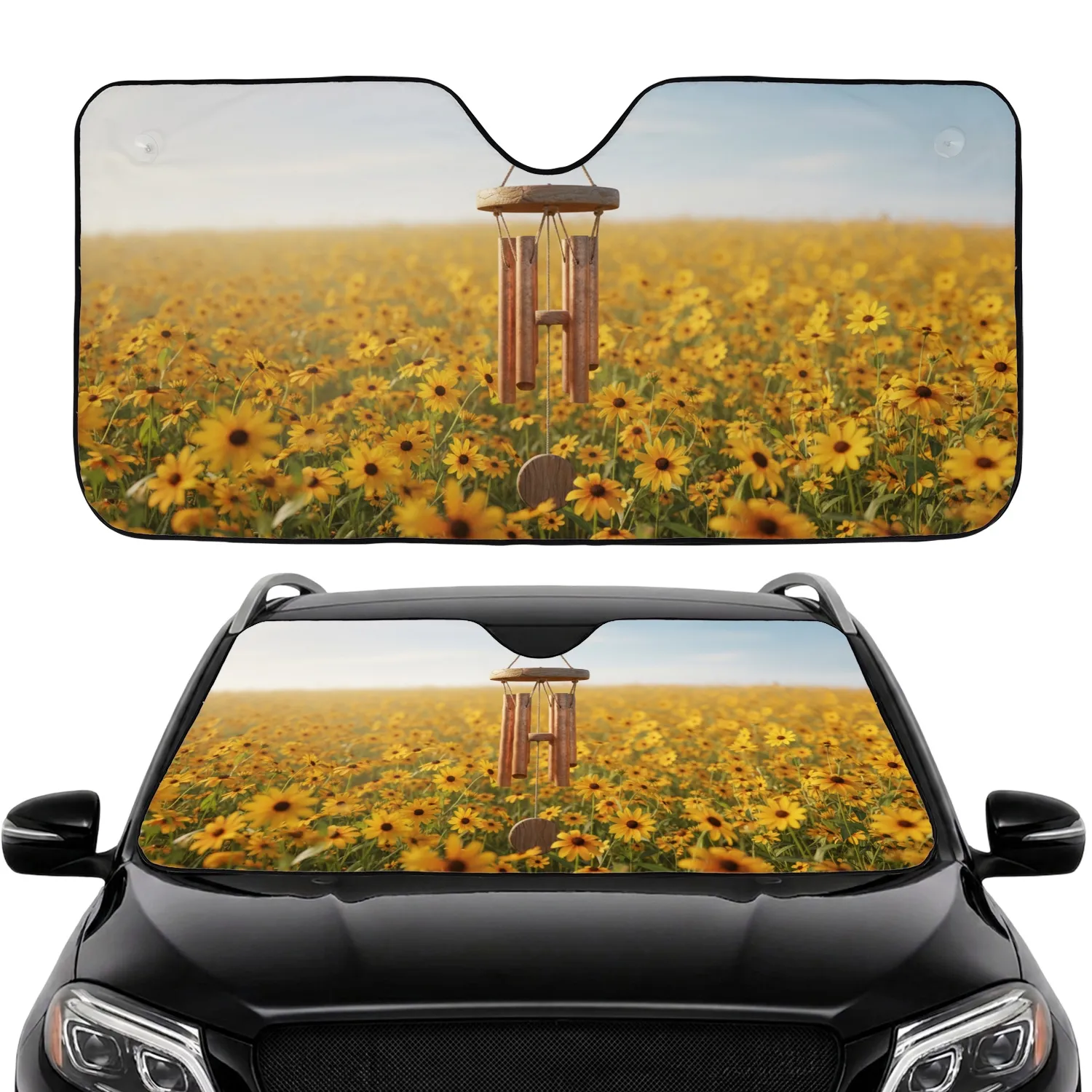 Golden Wildflower Field Rustic Tubular Wood Chimes - Peaceful Car Decor Gift Car Sunshade - 1