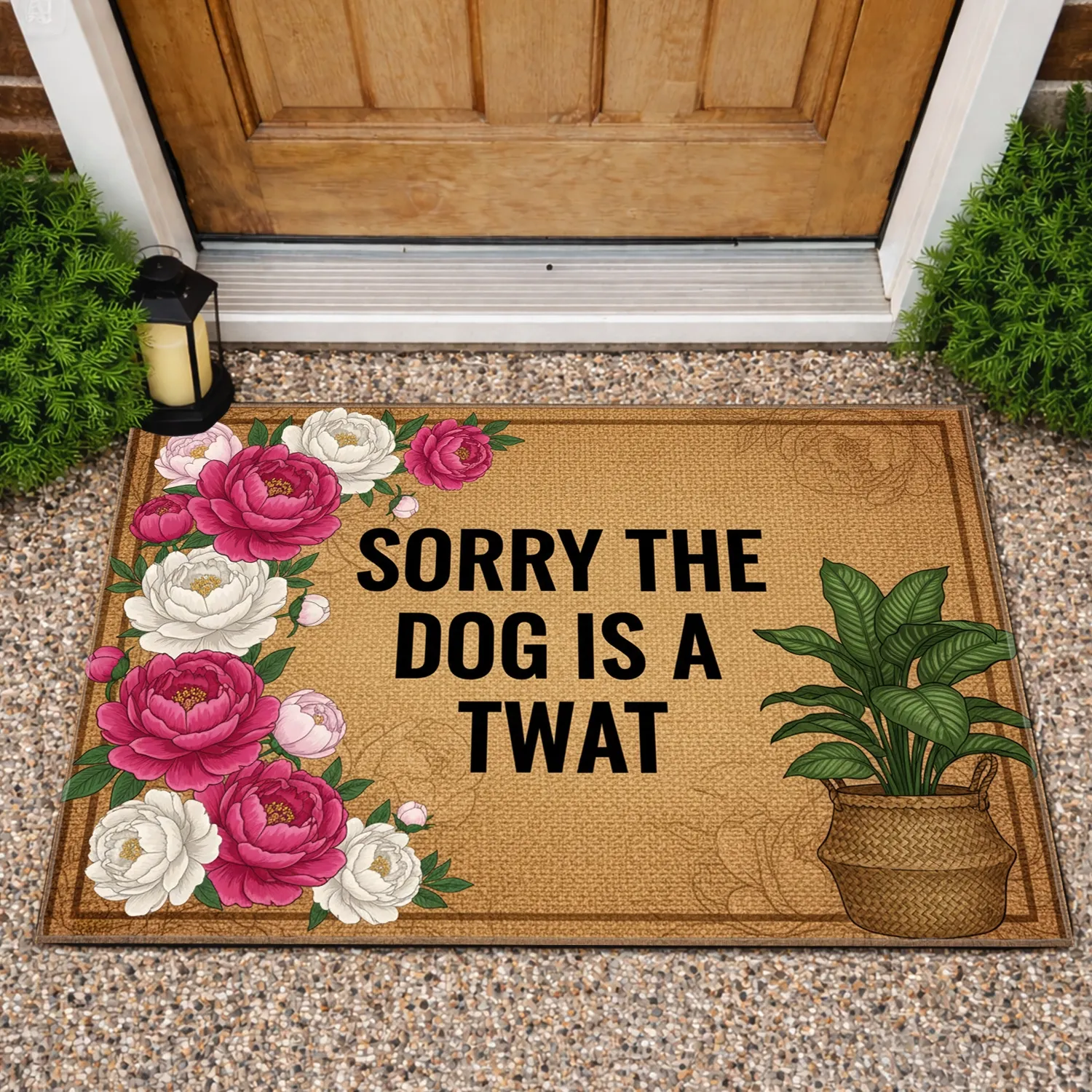 Sorry The Dog Is A Twat Peony Plant - Funny Dog Owner Home Decor Doormat - 1