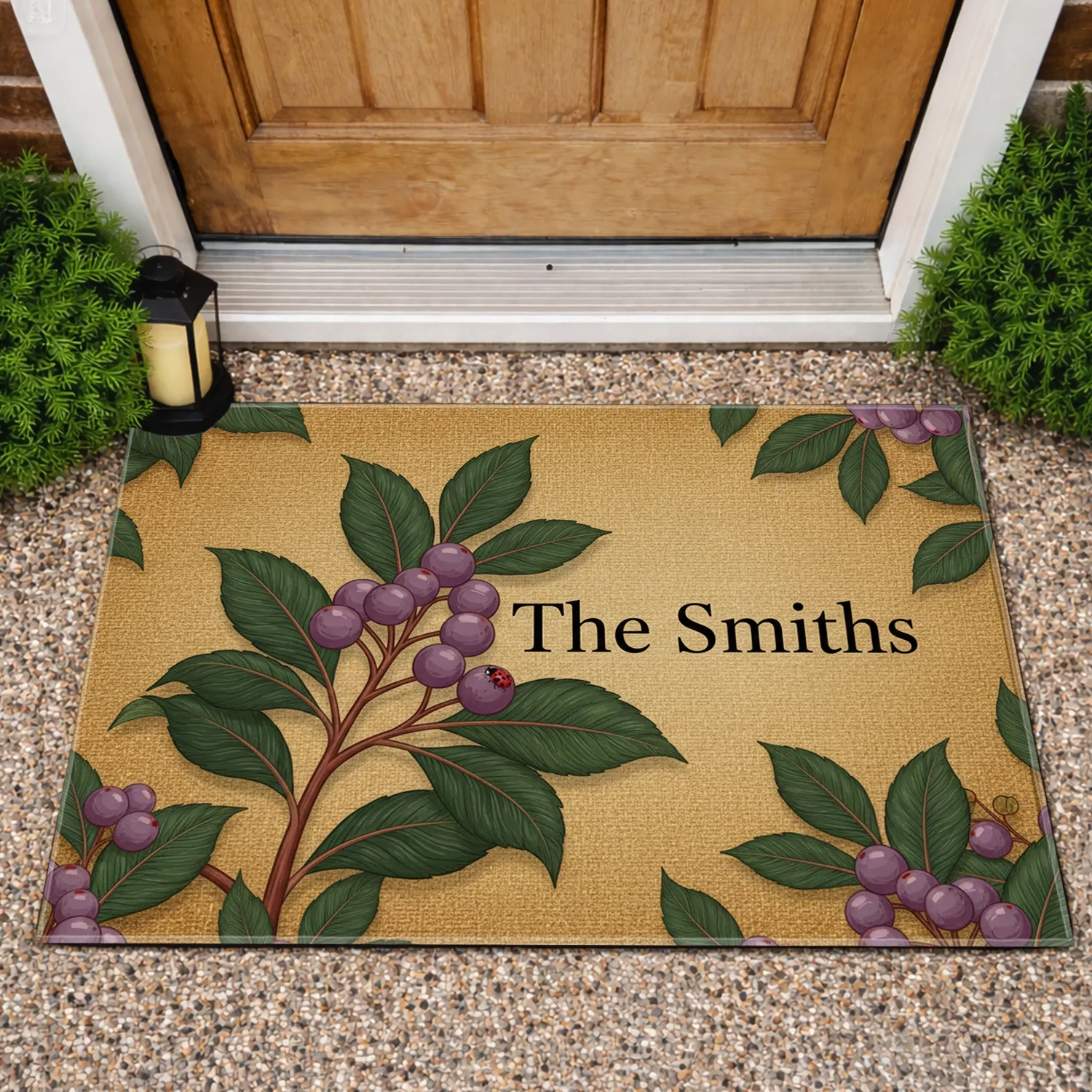 Custom Family Name Botanical Berries Ladybug - Family Home Decor Gift Doormat - 1