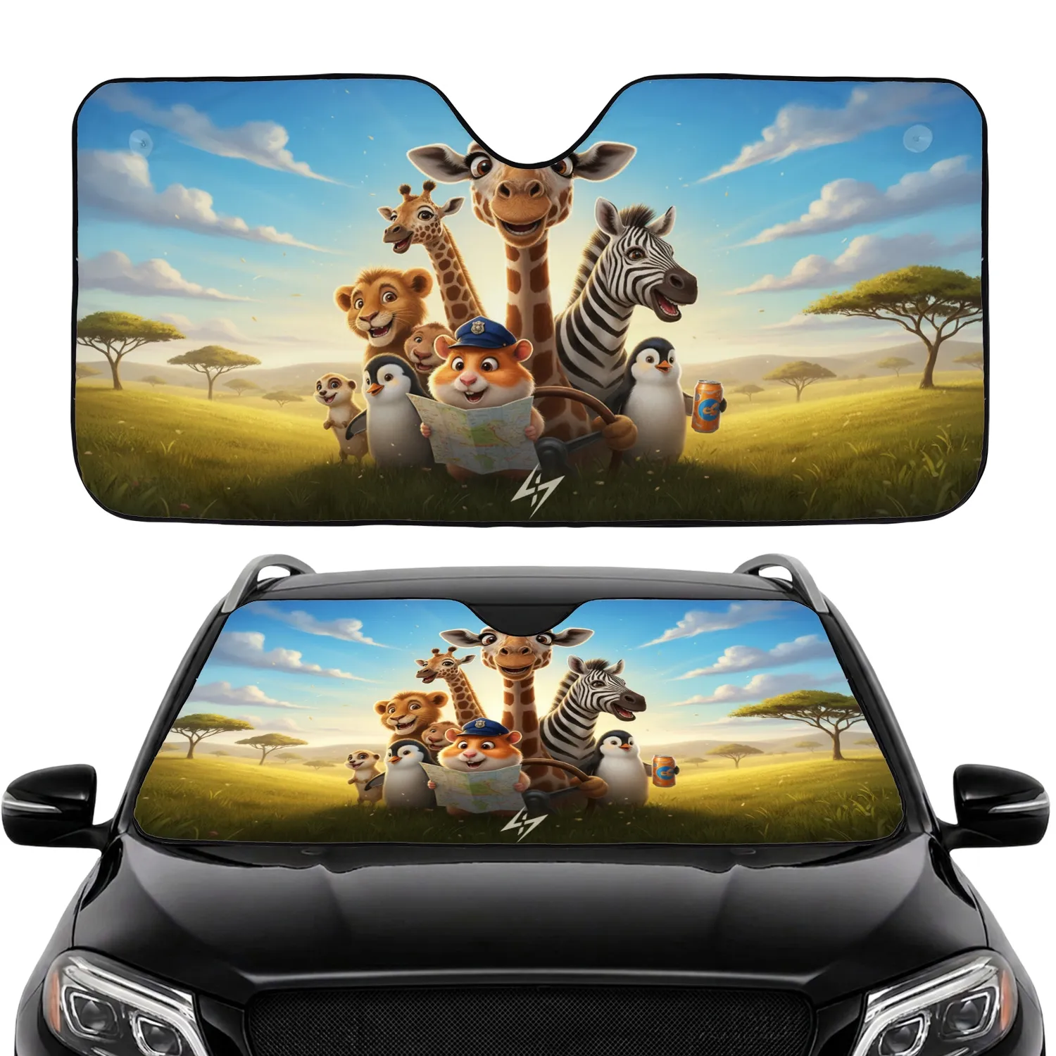 Grinning Giraffe Hamster Steering Wheel Safari Animals Adventure - Wildlife Lover Gift Car Sunshade - 1