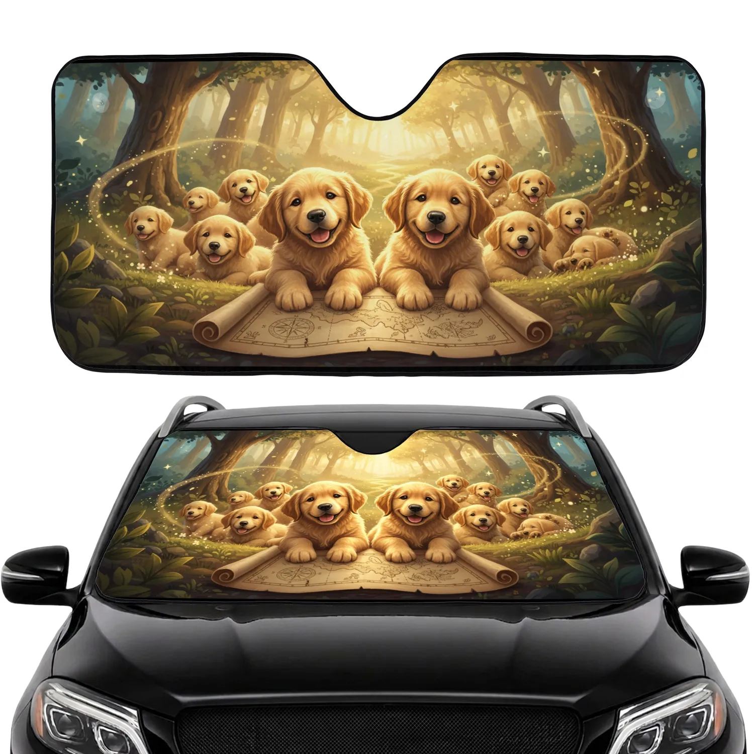 Golden Retriever Puppies Treasure Map Enchanted Forest Adventure Lover Gift for Dog Lovers Car Sunshade - 1