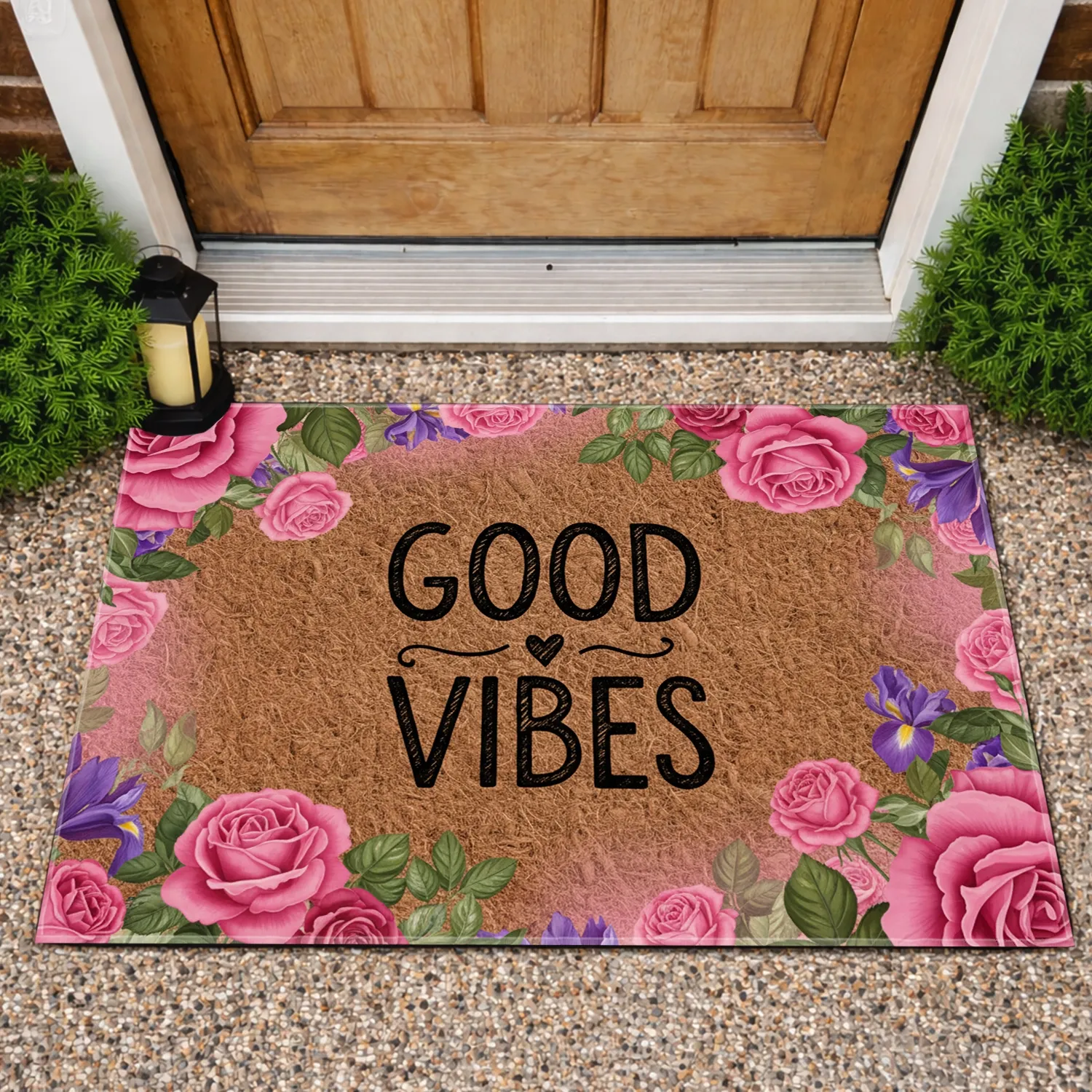 Good Vibes Heart Pink Rose Purple Iris Garden Floral - Positive Home Decor Gift Doormat - 1