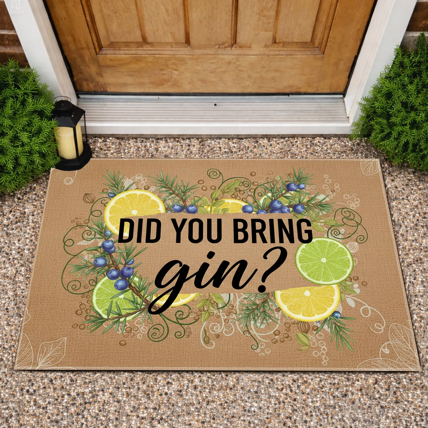 Gin Phrase Juniper Berries Lemon Lime Botanicals - Home Bar Entertaining Gift for Gin Lovers Doormat - 1
