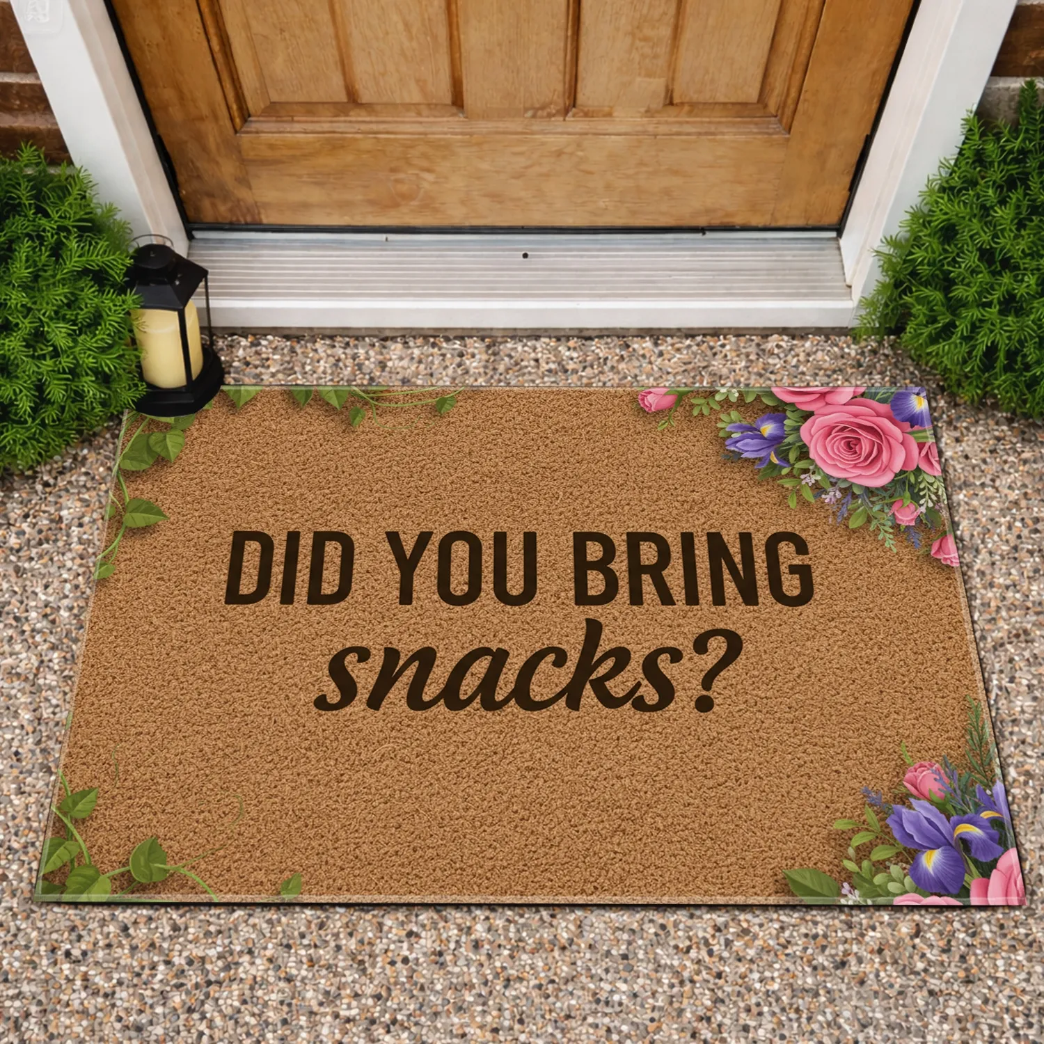 Did You Bring Snacks Lush Vines Pink Roses Purple Irises - Friendly Home Decor Gift Doormat - 1