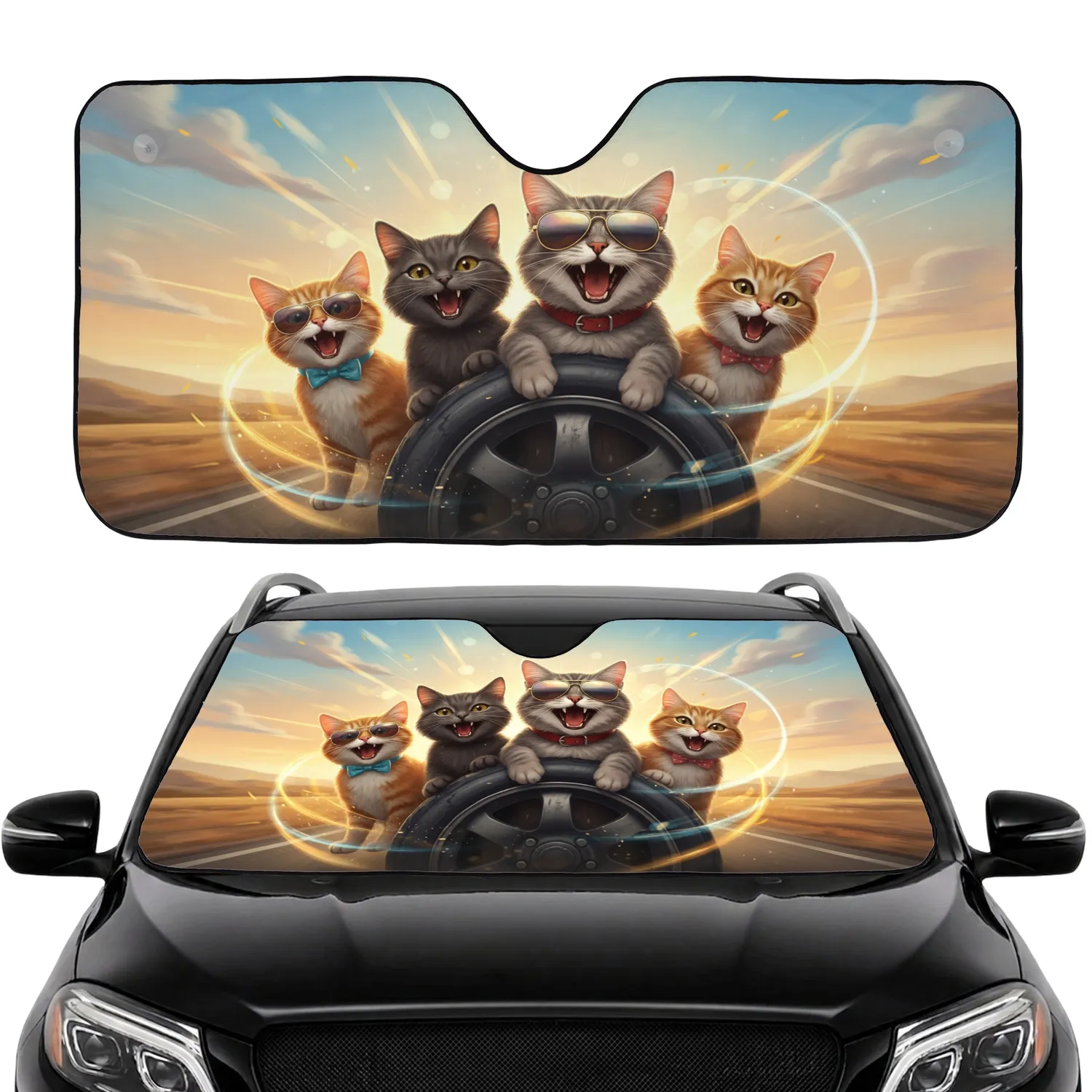 Joyful Tabby Cats with Sunglasses - Travel Essentials Car Sunshade - 1