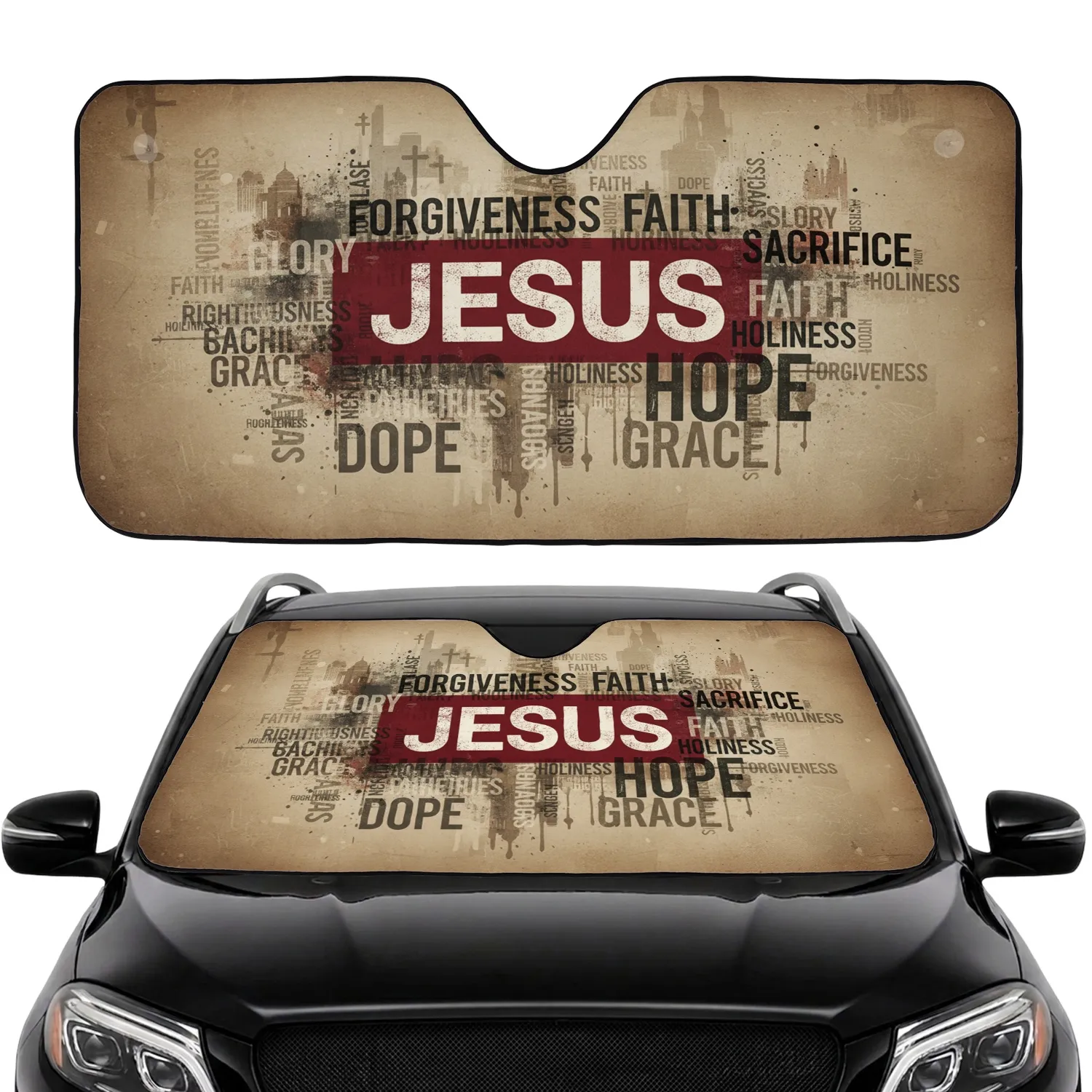 Jesus Crimson Banner Faith Words - Spiritual Expression Gift for Believers Car Sunshade - 1