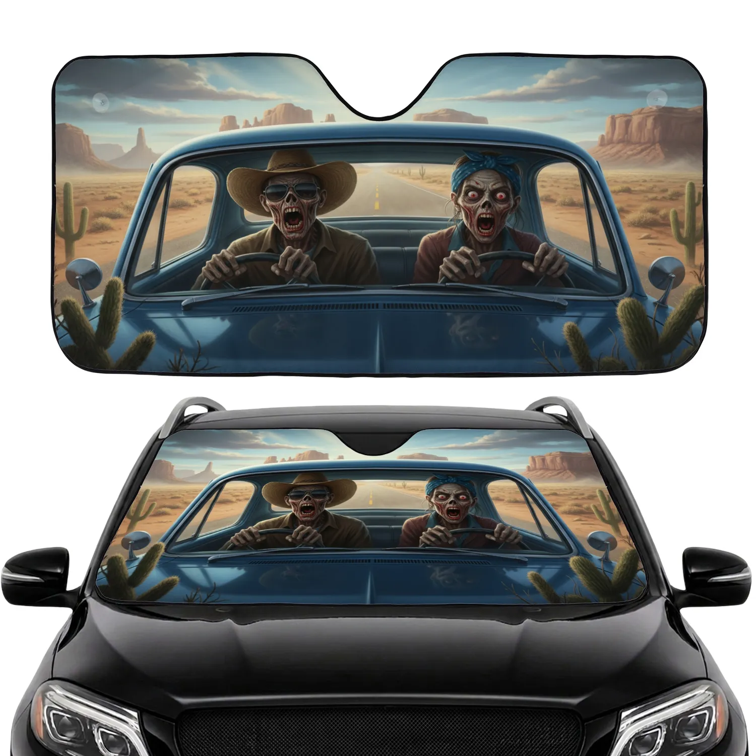Zombie Cowboy Polka Dot Passenger Desert - Halloween Horror Gift Car Sunshade - 1