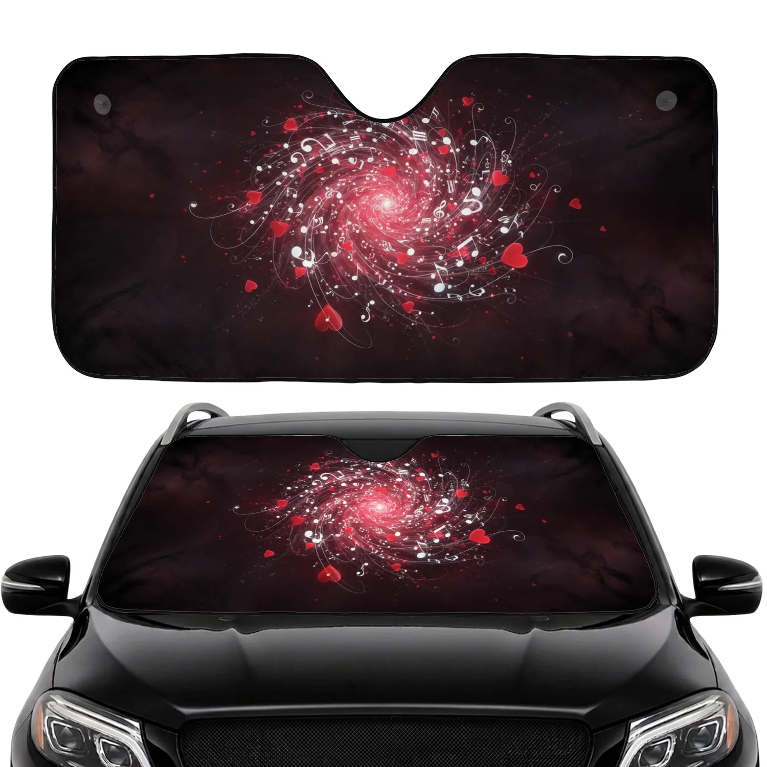 Vortex Musical Notes Red Hearts Calligraphy - Car Decor Gift for Music Lover Car Sunshade - 1