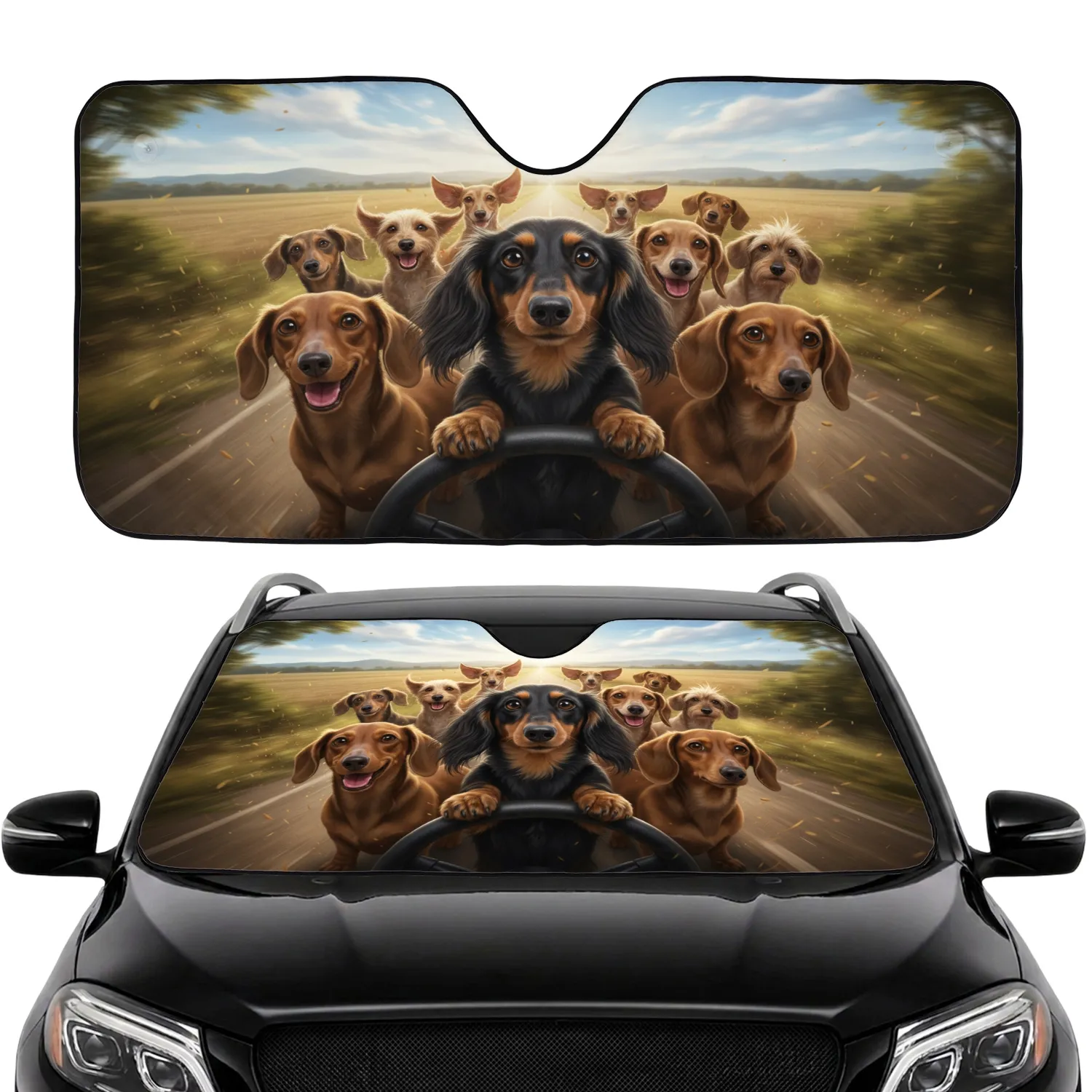 Dachshund Pack Open Road Countryside Highway - Dog Lover Gift Car Sunshade - 1