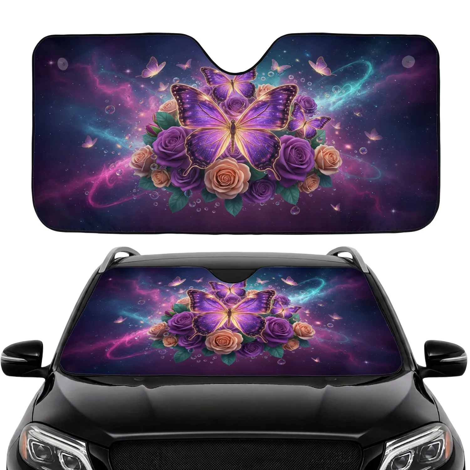 Luminous Butterflies Purple Gold Roses Cosmic Sky Swirling Energy - Fantasy Lover Gift Car Sunshade - 1