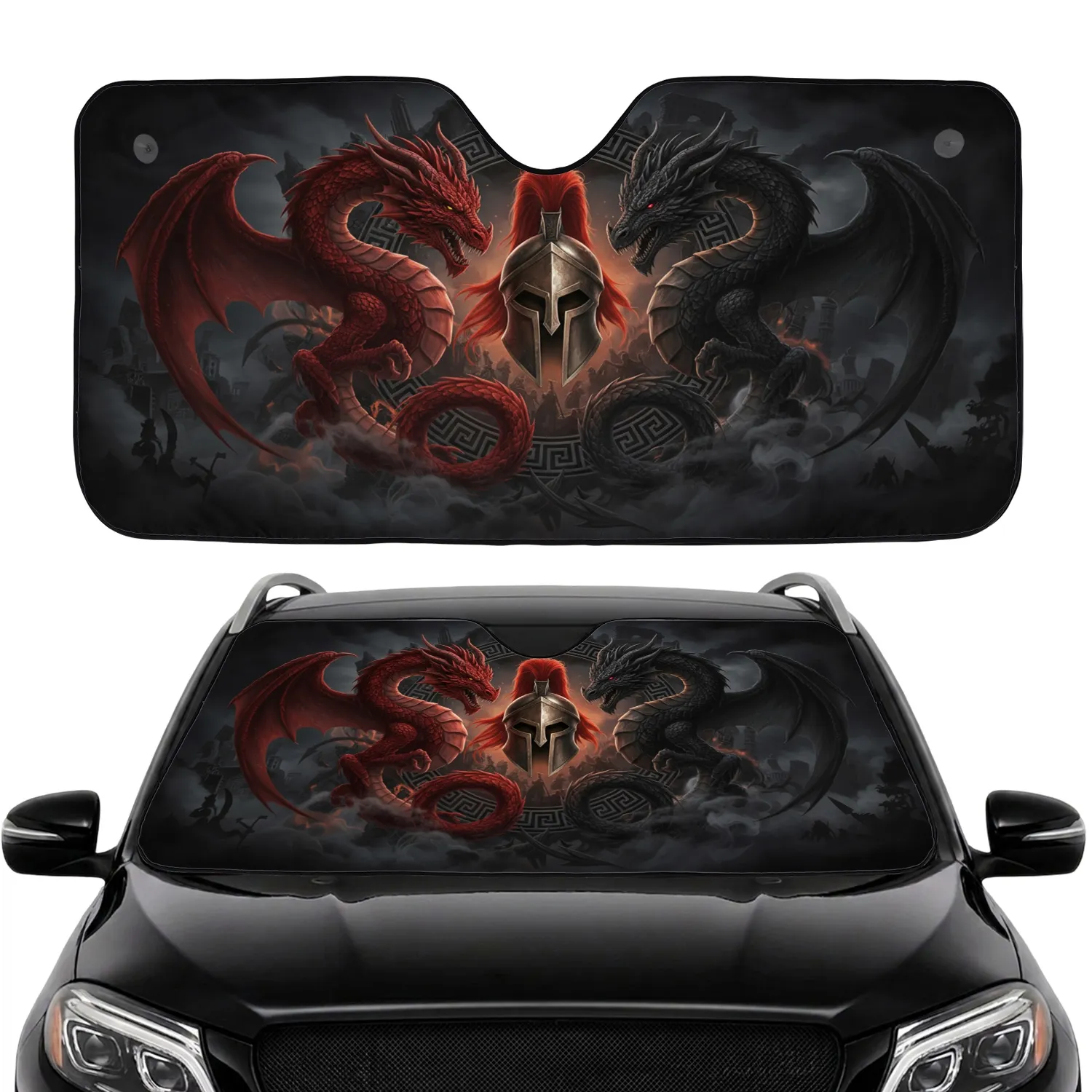 Formidable Spartan Helmet Red Plume Dragons Greek Key Meander Pattern - Epic Fantasy Decor Gift Car Sunshade - 1