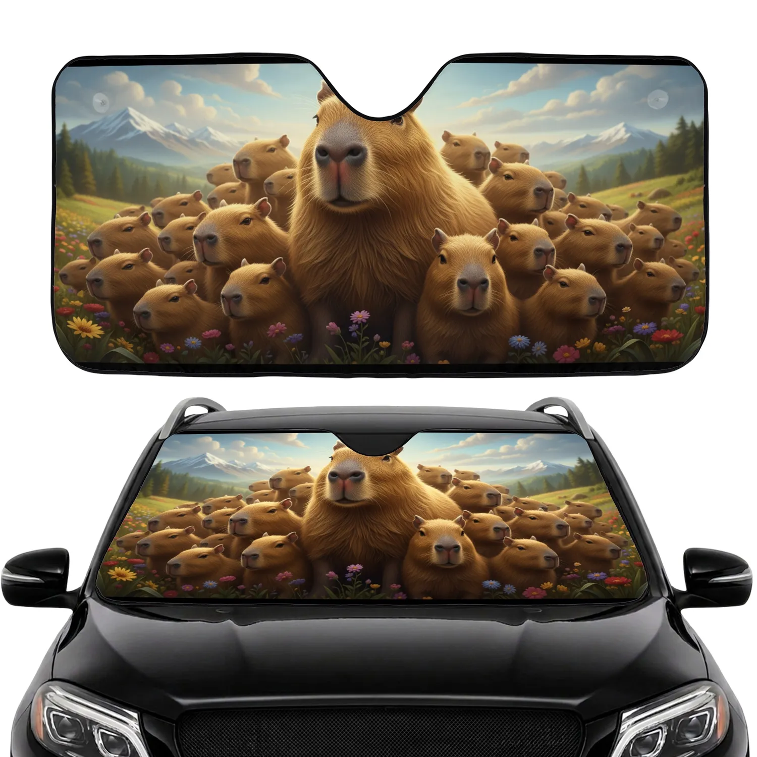 Capybaras Wildflower Hills Joyous Gathering - Wildlife Lover Gift Car Sunshade - 1