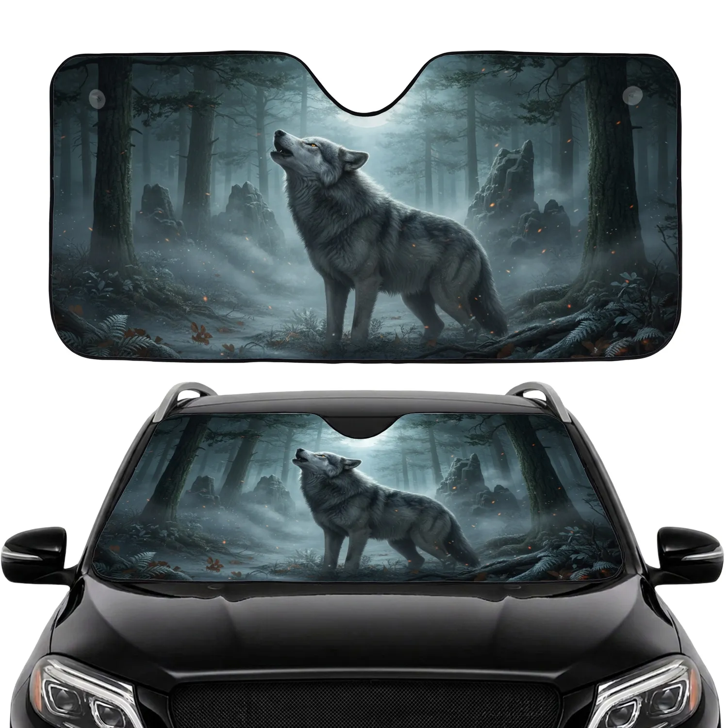 Majestic Grey Wolf Howling Ancient Forest Twilight Full Moon - Wildlife Lover Gift Car Sunshade - 1