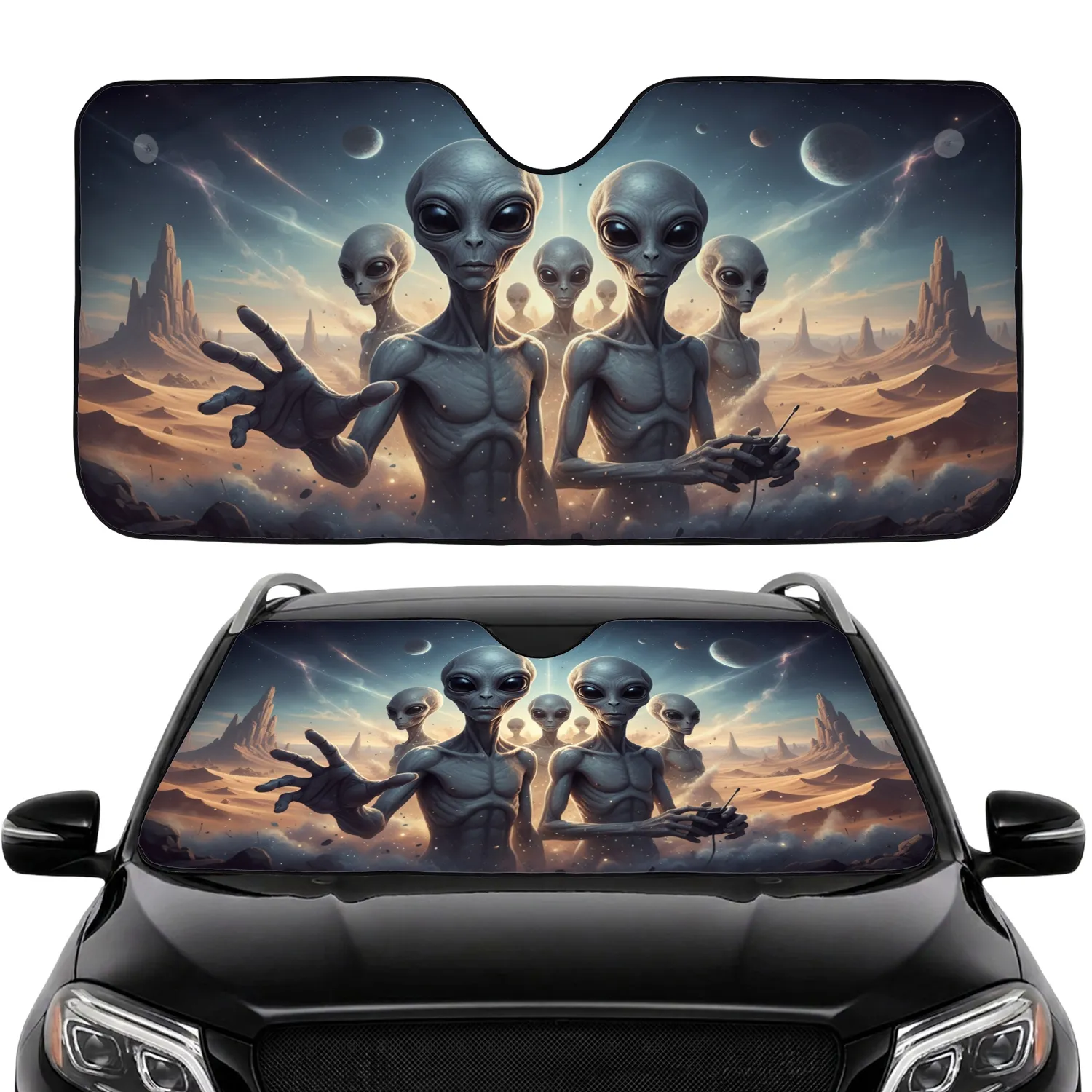 Five Grey Aliens Alien Desert Celestial Vista - Road Trip Essentials for Space Lover Car Sunshade - 1