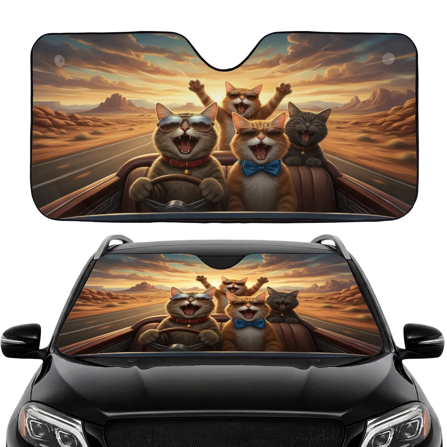 Four Expressive Cats Road Trip Dramatic Desert Sunset Travel Essentials Cat Lover Gift Car Sunshade - 1