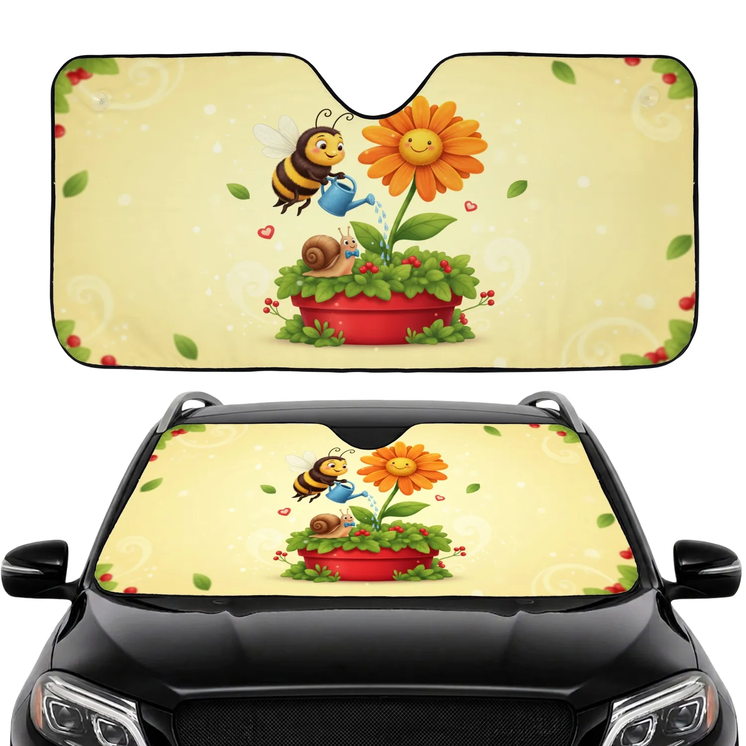 Bee Snail Daisy Watering Can Planter Red Berry - Car Decor Gift for Garden Lover Car Sunshade - 1