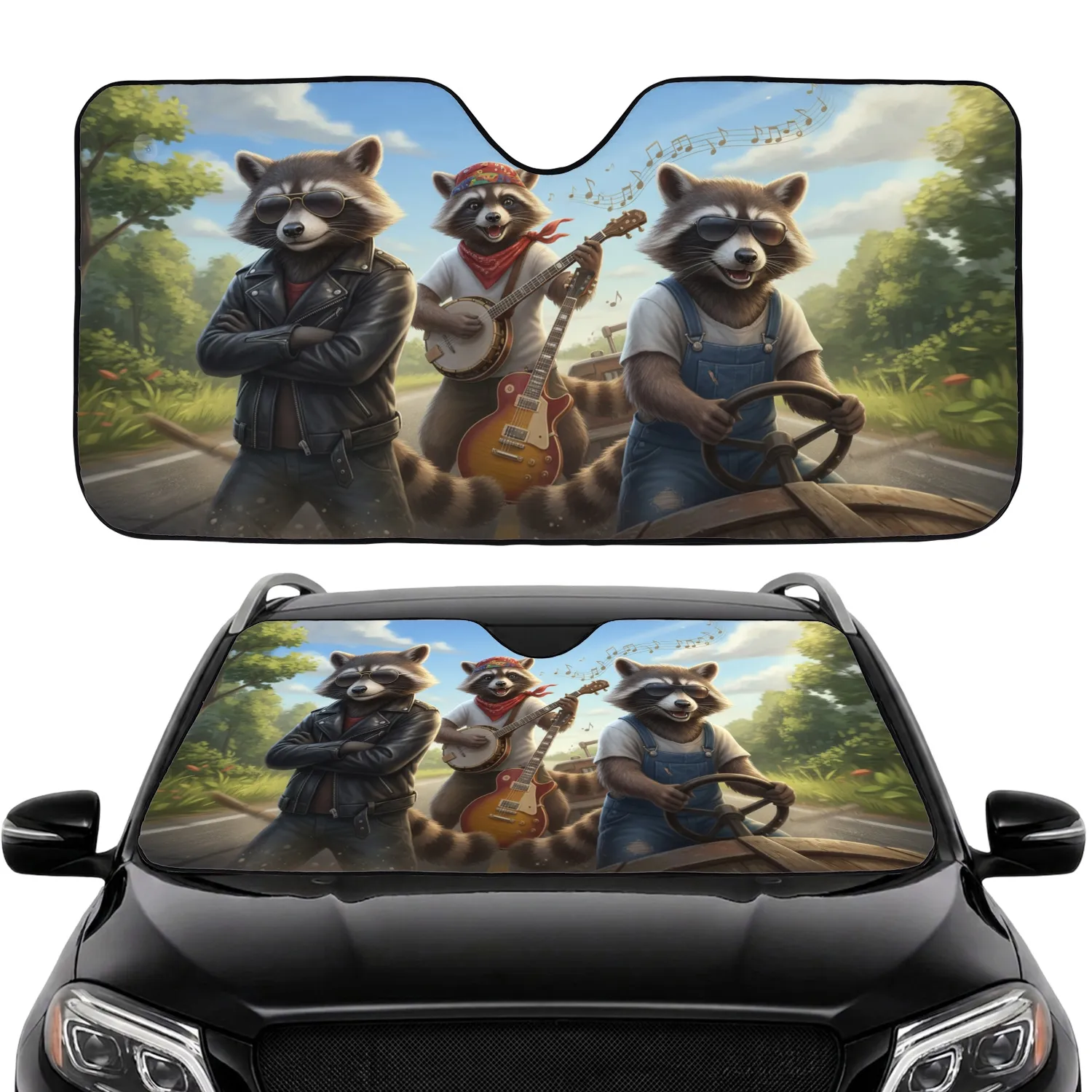 Four Raccoons Driving Open Road Banjo Guitar - Road Trip Lover Wildlife Gift Car Sunshade - 1