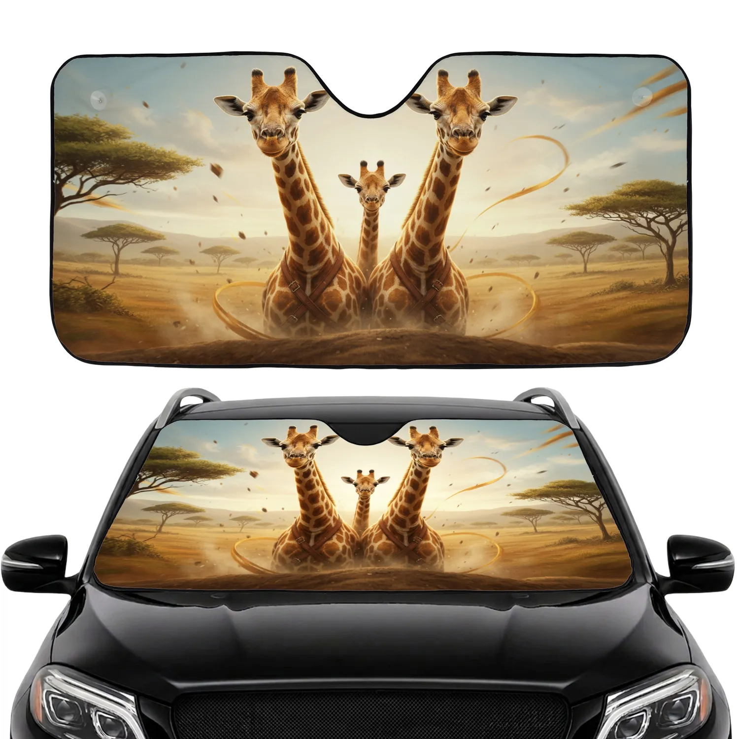 Realistic Three Giraffes African Savanna Expedition - Safari Adventure Gift Car Sunshade - 1