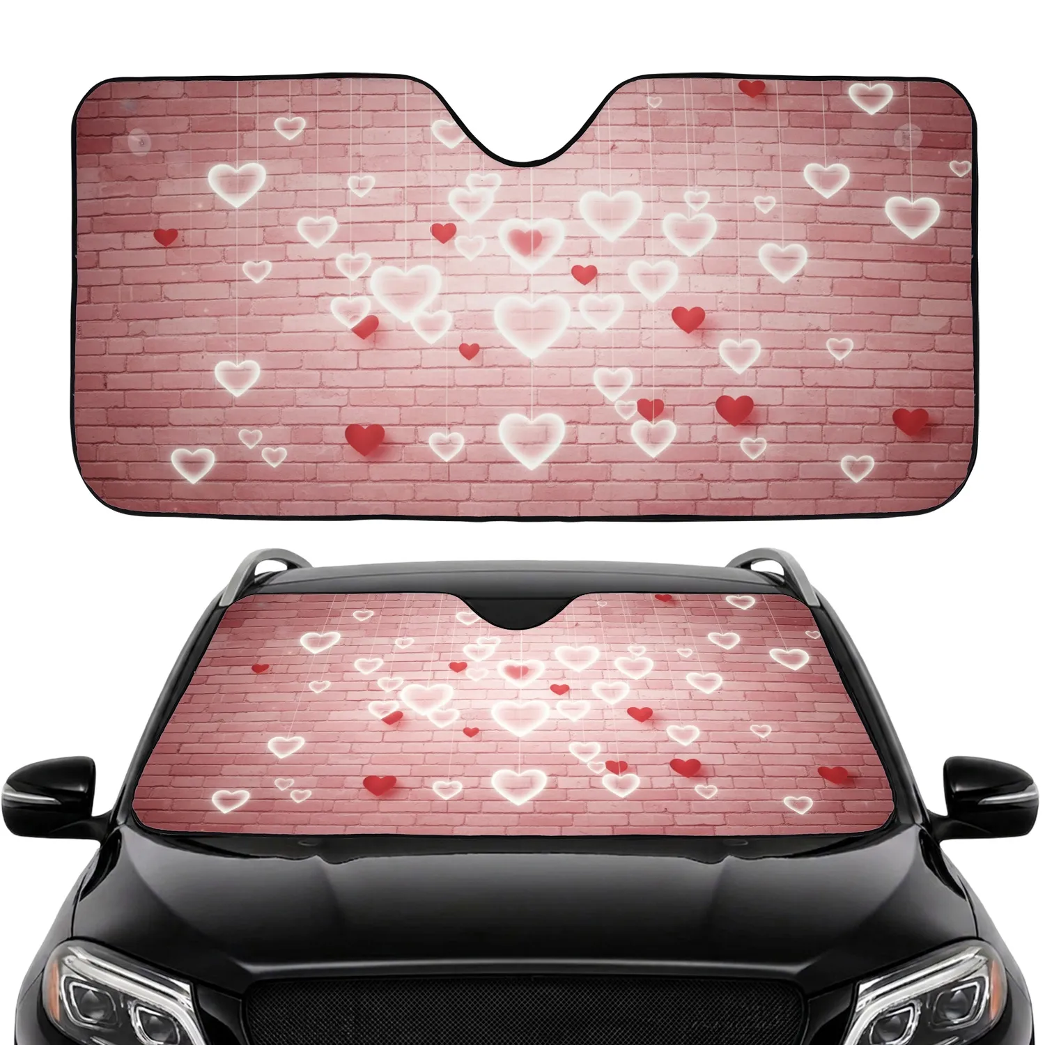 Glowing White Red Hearts Pink Brick Wall Love Celebration Gift Car Sunshade - 1
