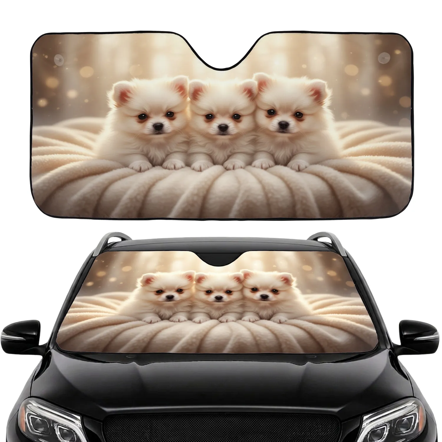 Four Adorable Pomeranian Puppies Nestled Warm Sunlight Cozy Car Decor Gift Car Sunshade - 1