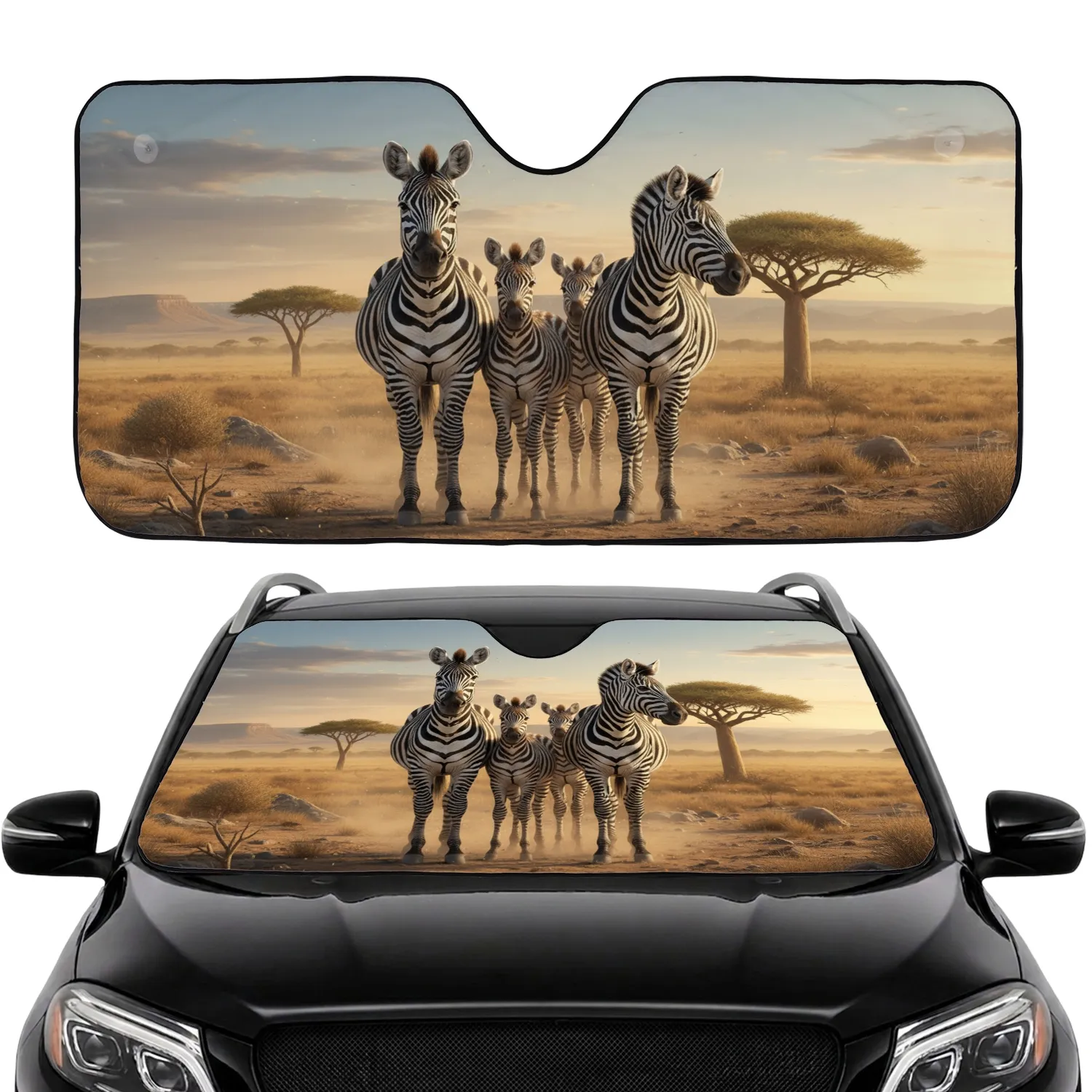 Zebra Family African Savannah Golden Sunset Landscape - Wildlife Lover Gift Car Sunshade - 1