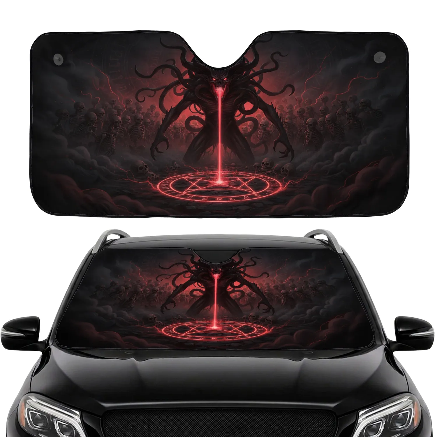 Menacing Demonic Entity Roaring Pentagram Ritual Skulls - Gothic Macabre Decor Car Sunshade - 1
