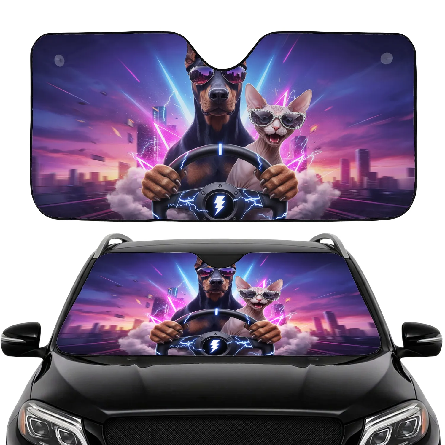 Doberman Sphynx Cat Mirrored Sunglasses Steering Wheel - Car Enthusiast Gift for Pet Owners Car Sunshade - 1