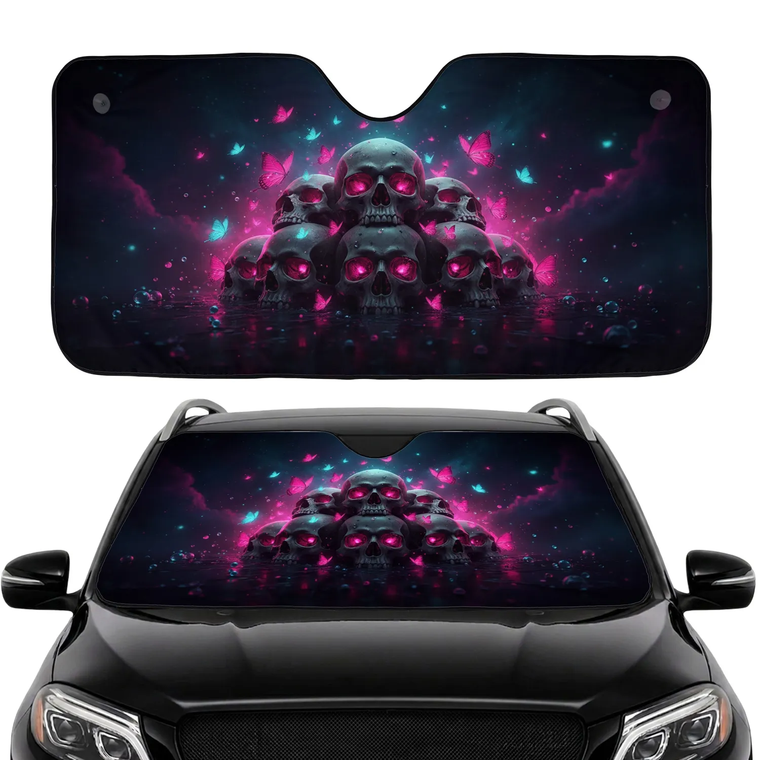 Skulls Glowing Eyes Luminous Butterflies Cosmic Void - Car Decor Gift Car Sunshade - 1
