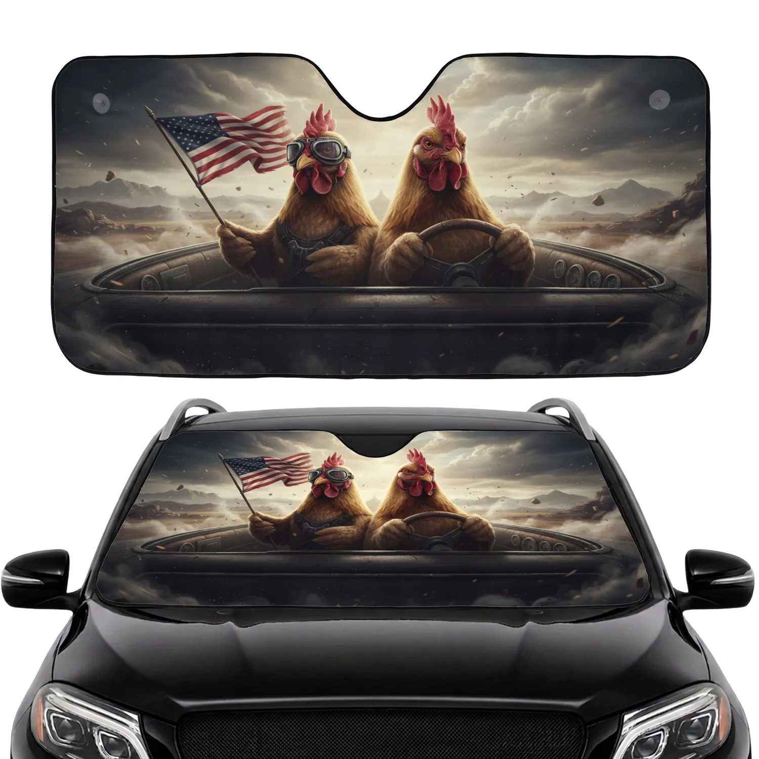 Goggles Chicken American Flag Road Trip - Adventurer Lifestyle Gift Car Sunshade - 1
