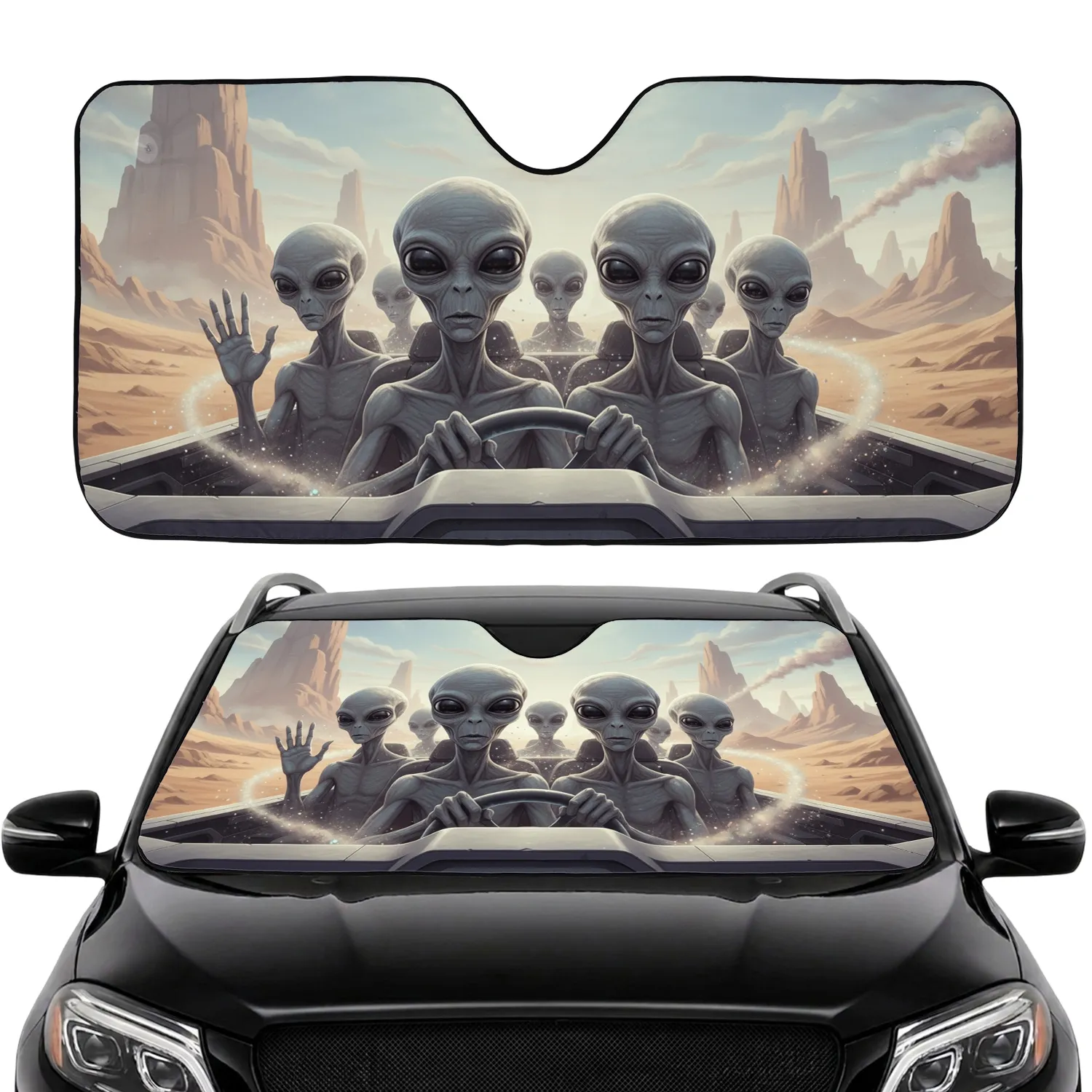 Five Grey Aliens Driving Cosmic Desert Adventure - Futuristic Sci-Fi Fan Gift Car Sunshade - 1