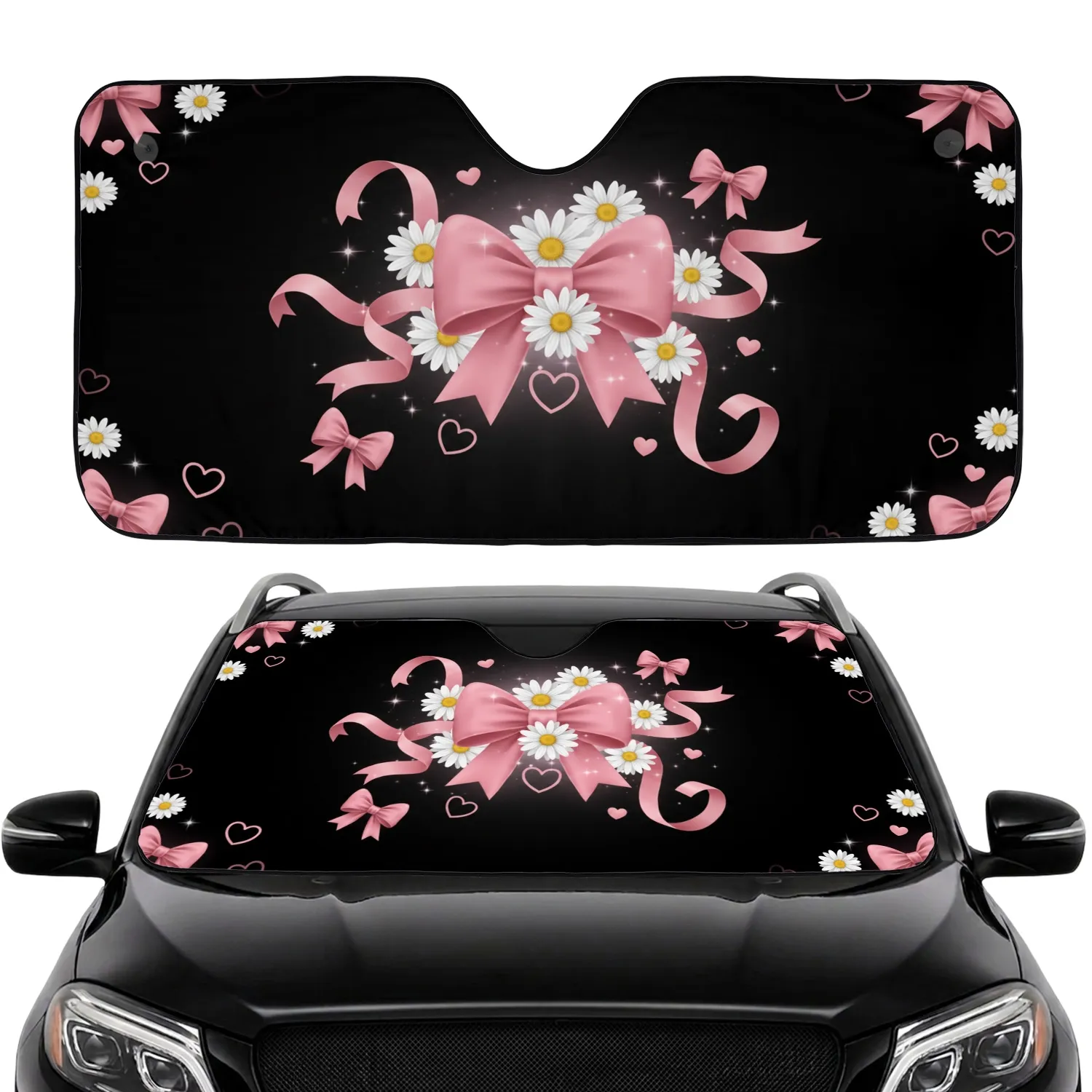 Flowing Ribbons Pink Bows White Daisies Hearts - Car Decor Gift Car Sunshade - 1