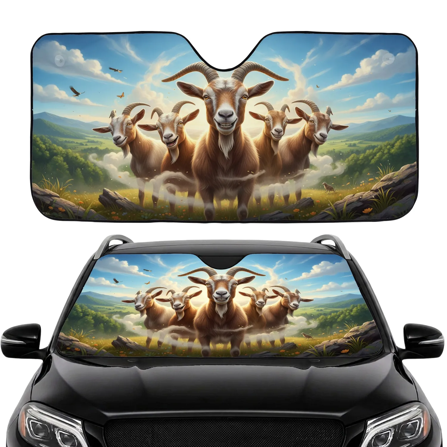 Joyful Smiling Goats Rolling Hills Landscape - Wildlife Lover Gift Car Sunshade - 1