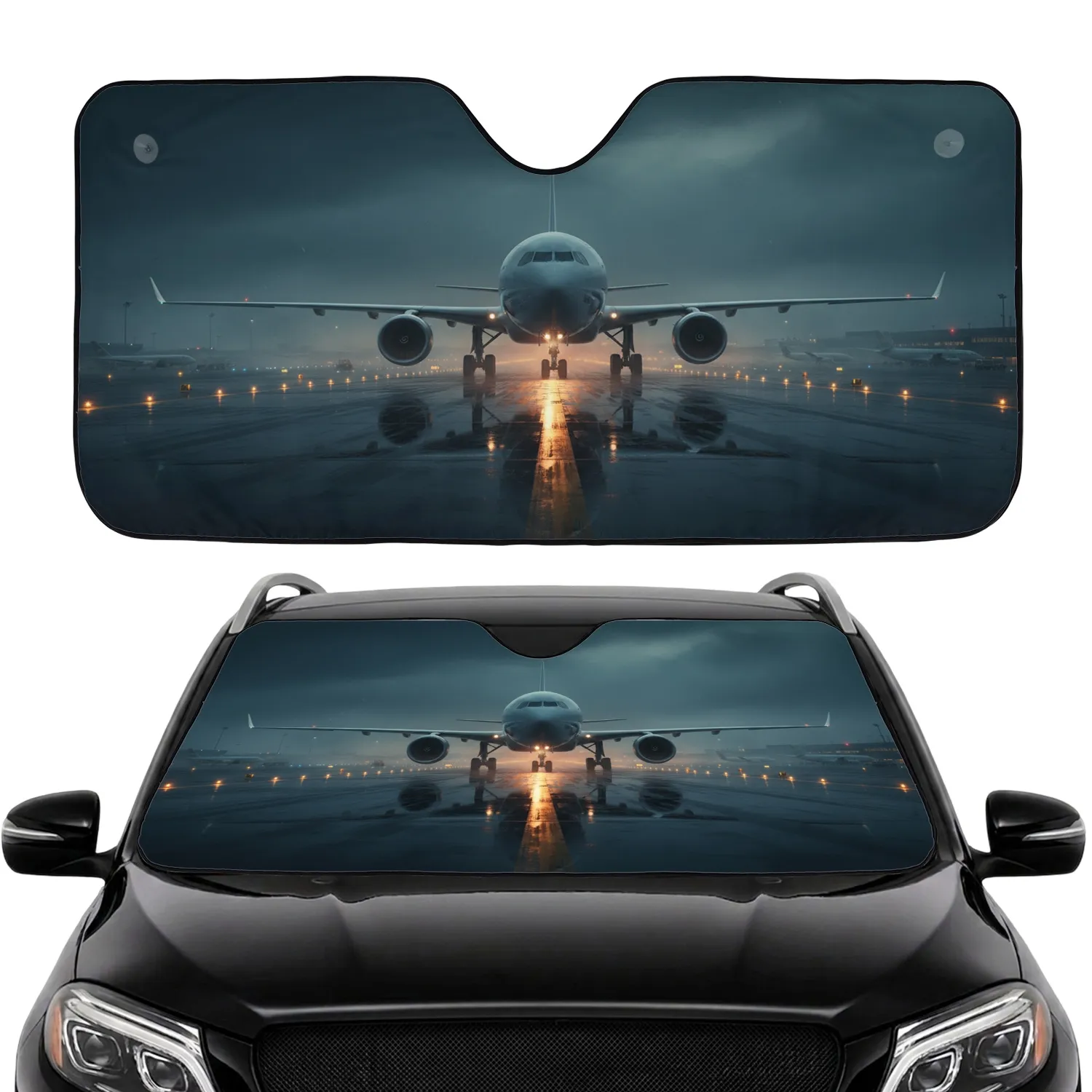 Commercial Jet Airplane Wet Runway - Travel Essentials Flight Lover Gift Car Sunshade - 1