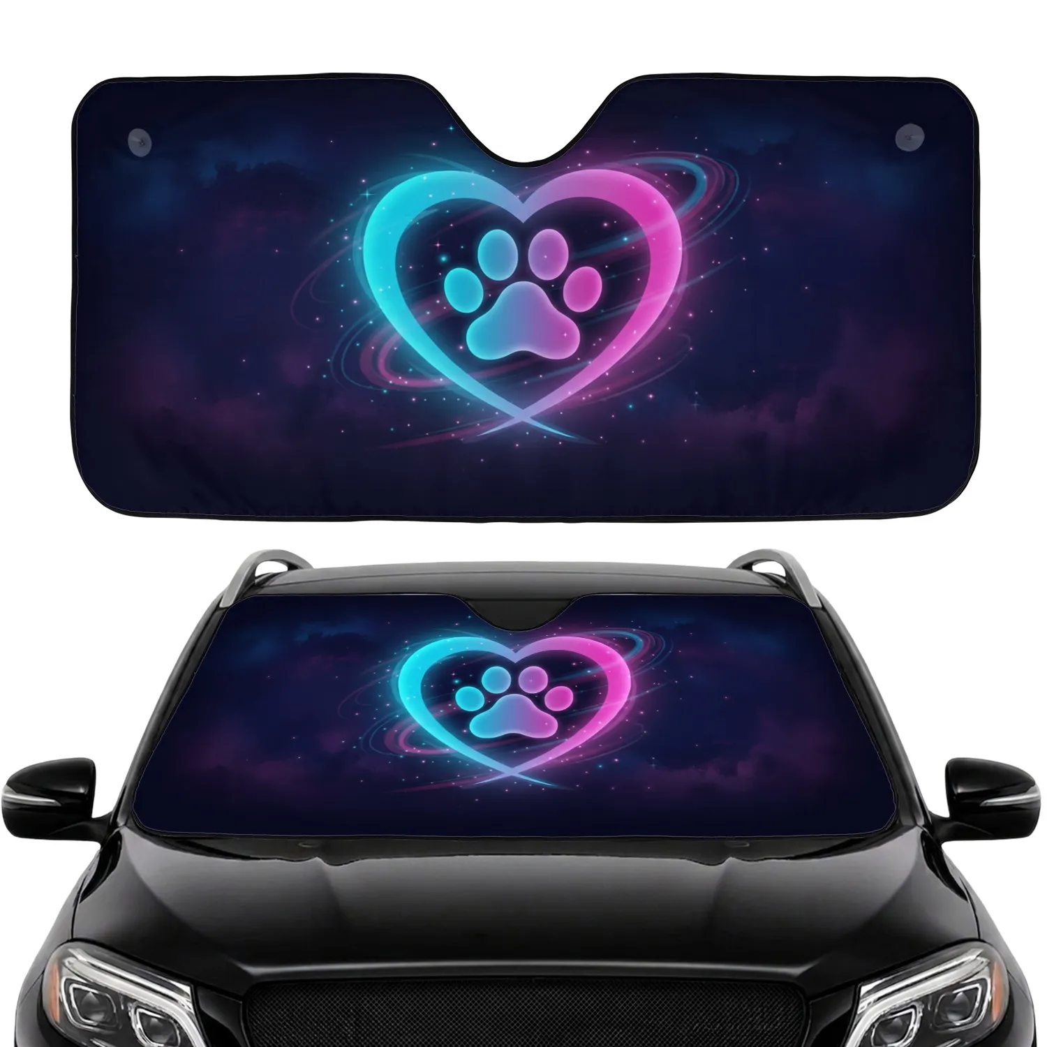 Luminous Heart Paw Print - Ethereal Cosmos Pet Lover Gift Car Sunshade - 1