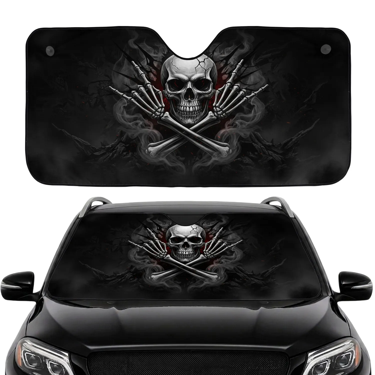 Cracked Skull Devil Horns Rock N Roll - Heavy Metal Fan Gift Car Sunshade - 1