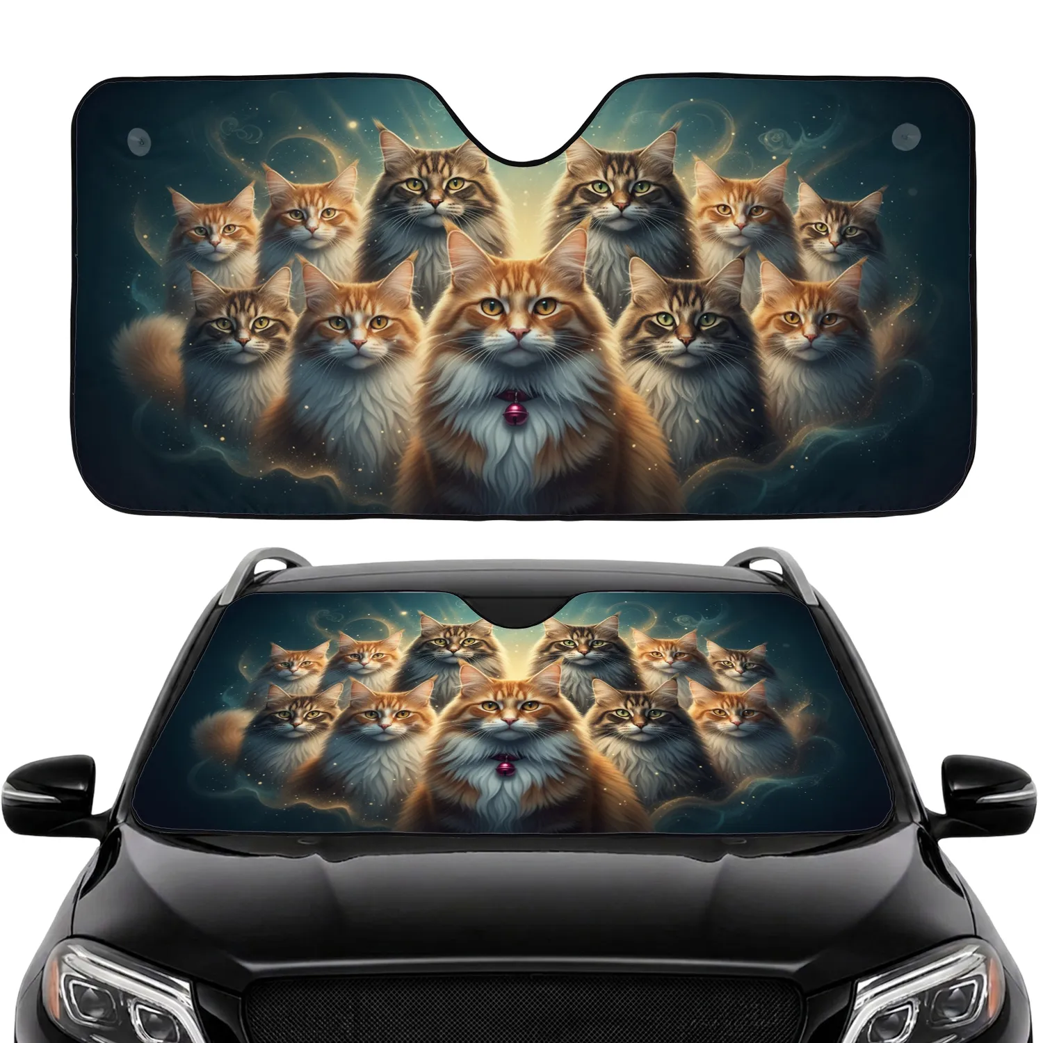 Fluffy Majestic Long-Haired Ginger Tabby Calico Cats with Red Bell Collar - Cat Lover Gift Car Sunshade - 1
