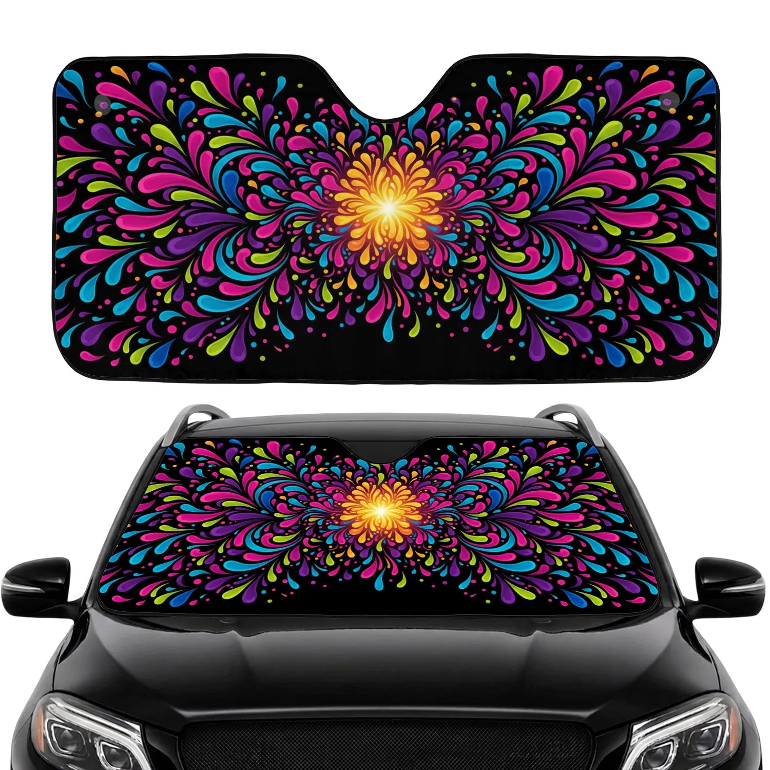 Vibrant Fluid Droplets Petals Swirls Burst Black Background - Car Decor Gift Car Sunshade - 1