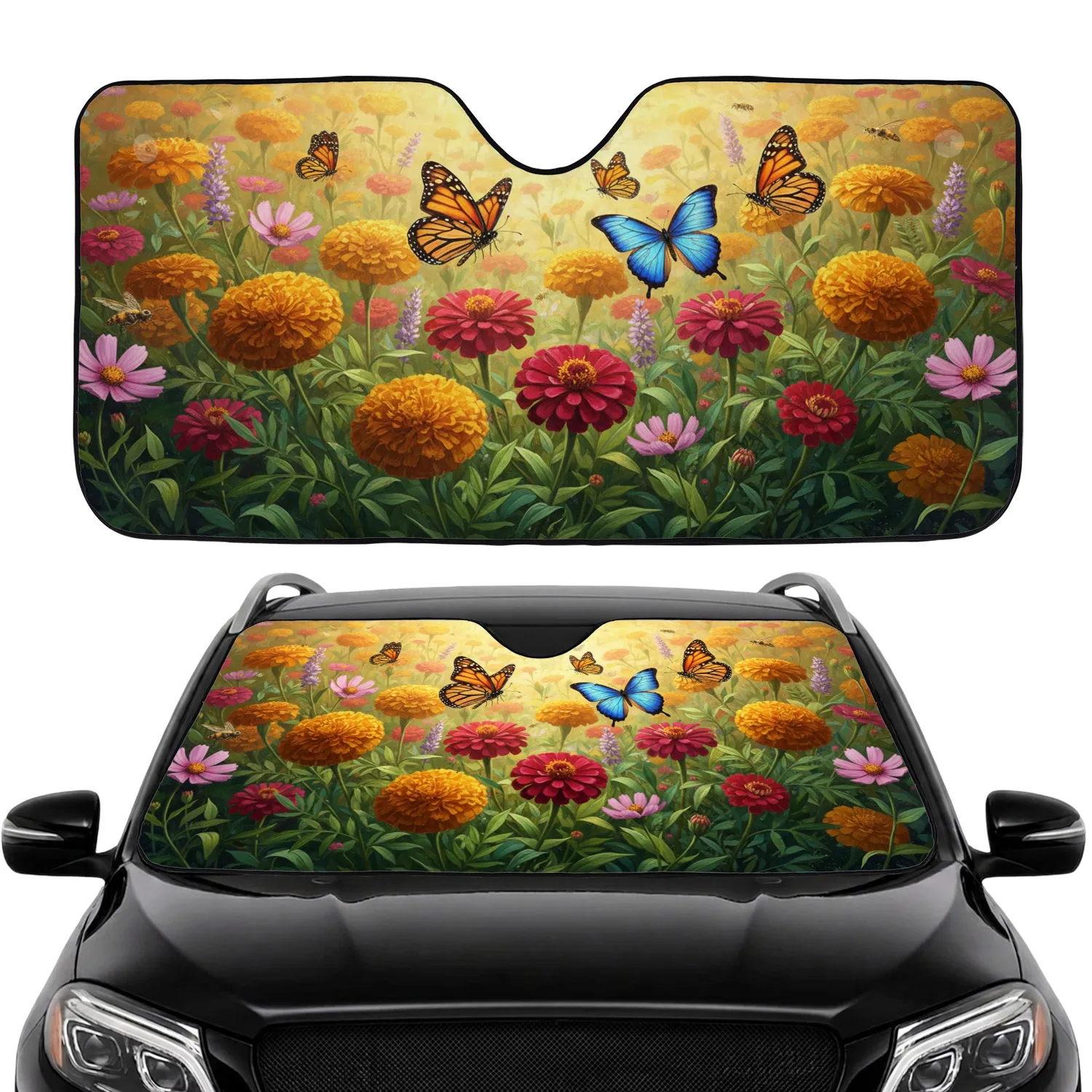 Monarch Blue Butterfly Wildflowers Field - Outdoor Lifestyle Gift Car Sunshade - 1