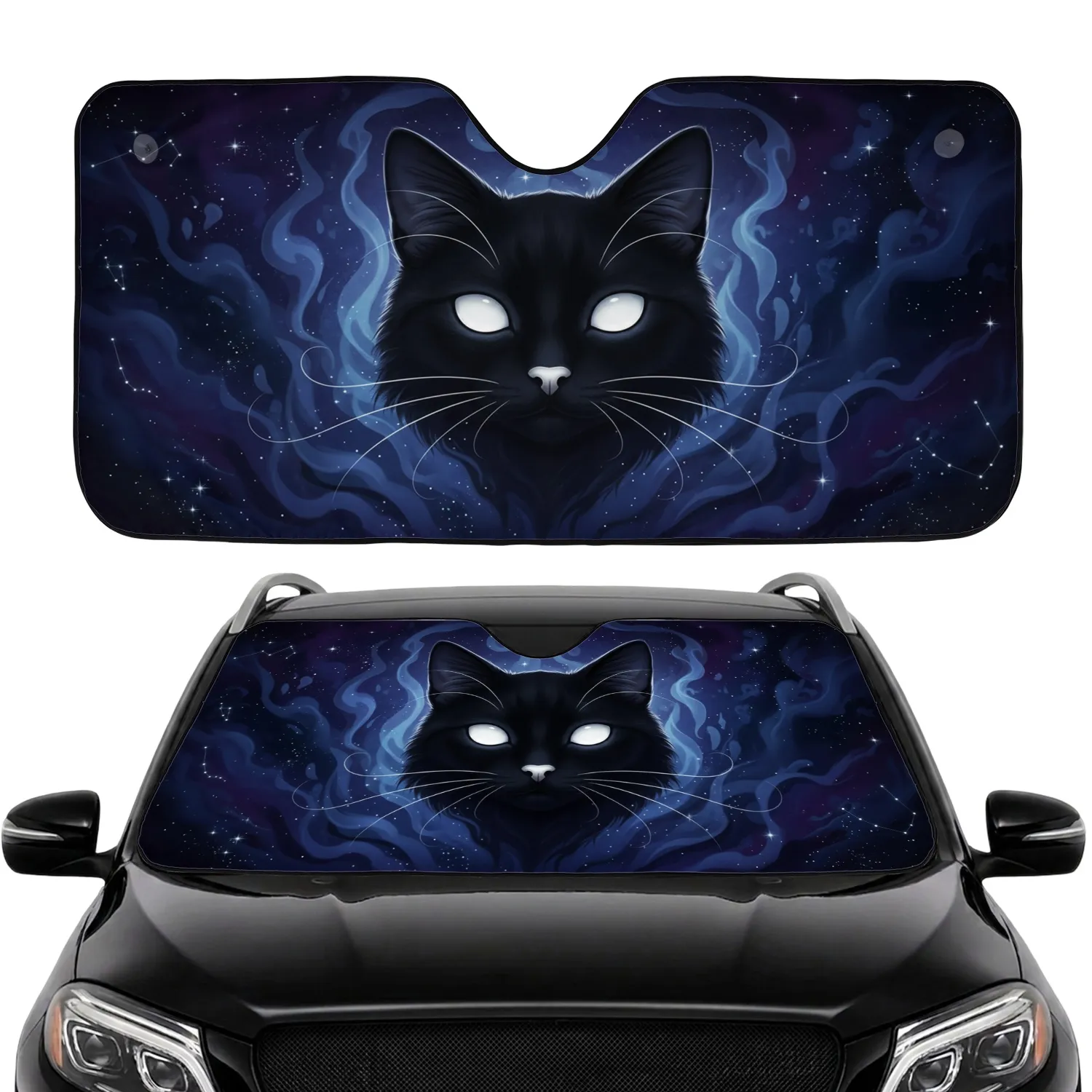 Large White Eyes Whiskers Black Cat Face Starlight Deep Cosmic Night Sky - Cat Lover Gift Car Sunshade - 1