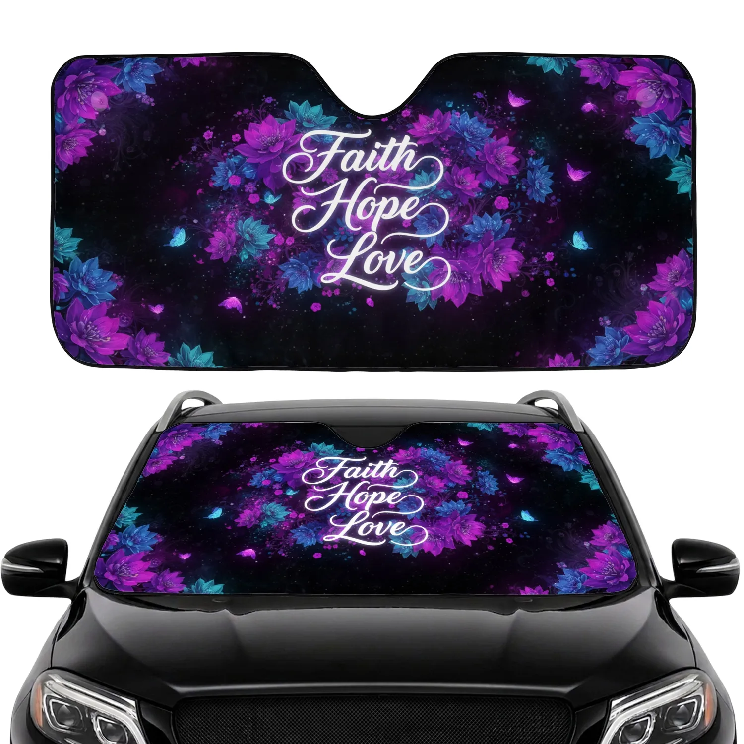 Faith Hope Love Cosmic Glowing Floral Butterflies - Spiritual Car Decor Gift Car Sunshade - 1
