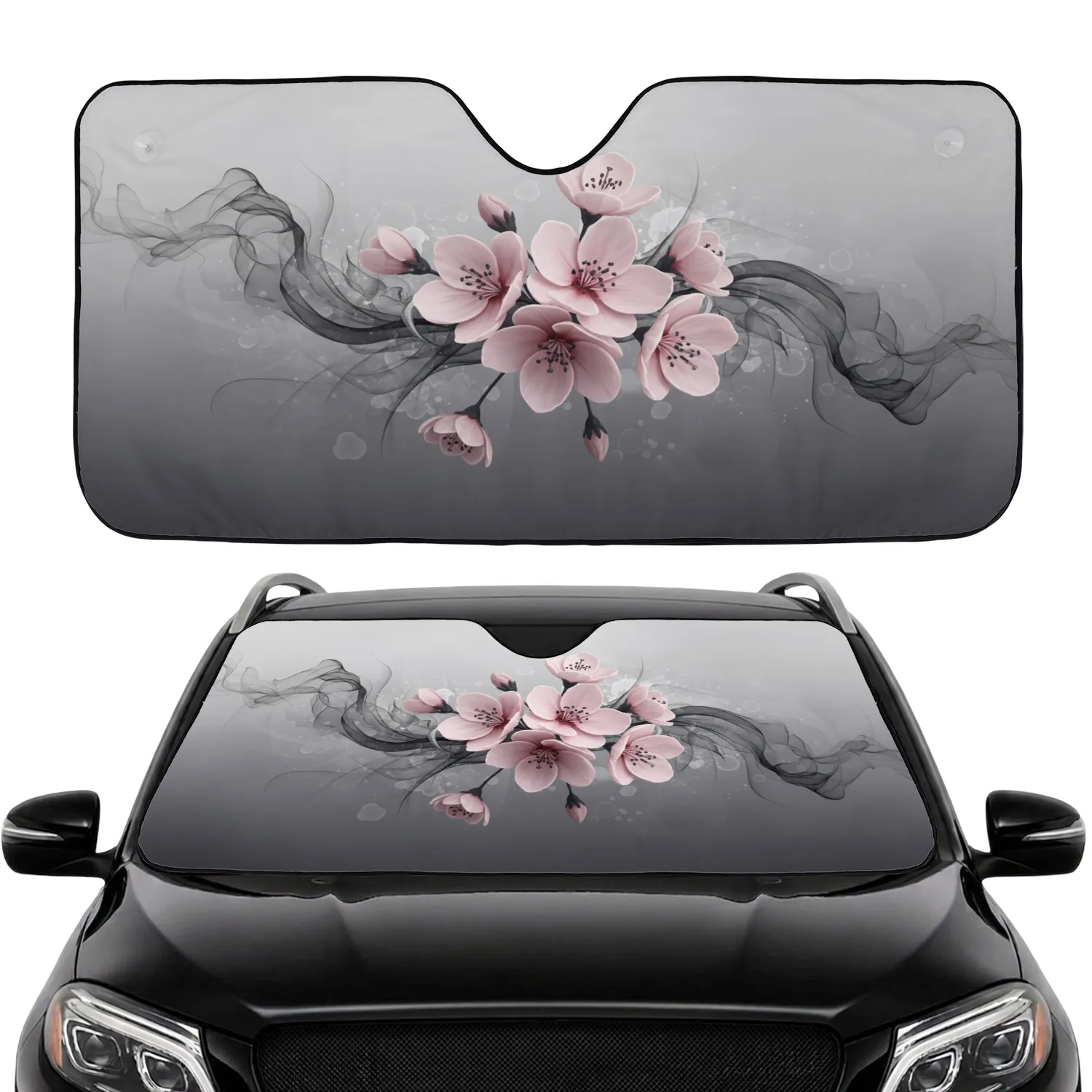 Pink Flowers Dark Tendrils Black Ink Smoke Swirls - Car Decor Everyday Style Gift Car Sunshade - 1