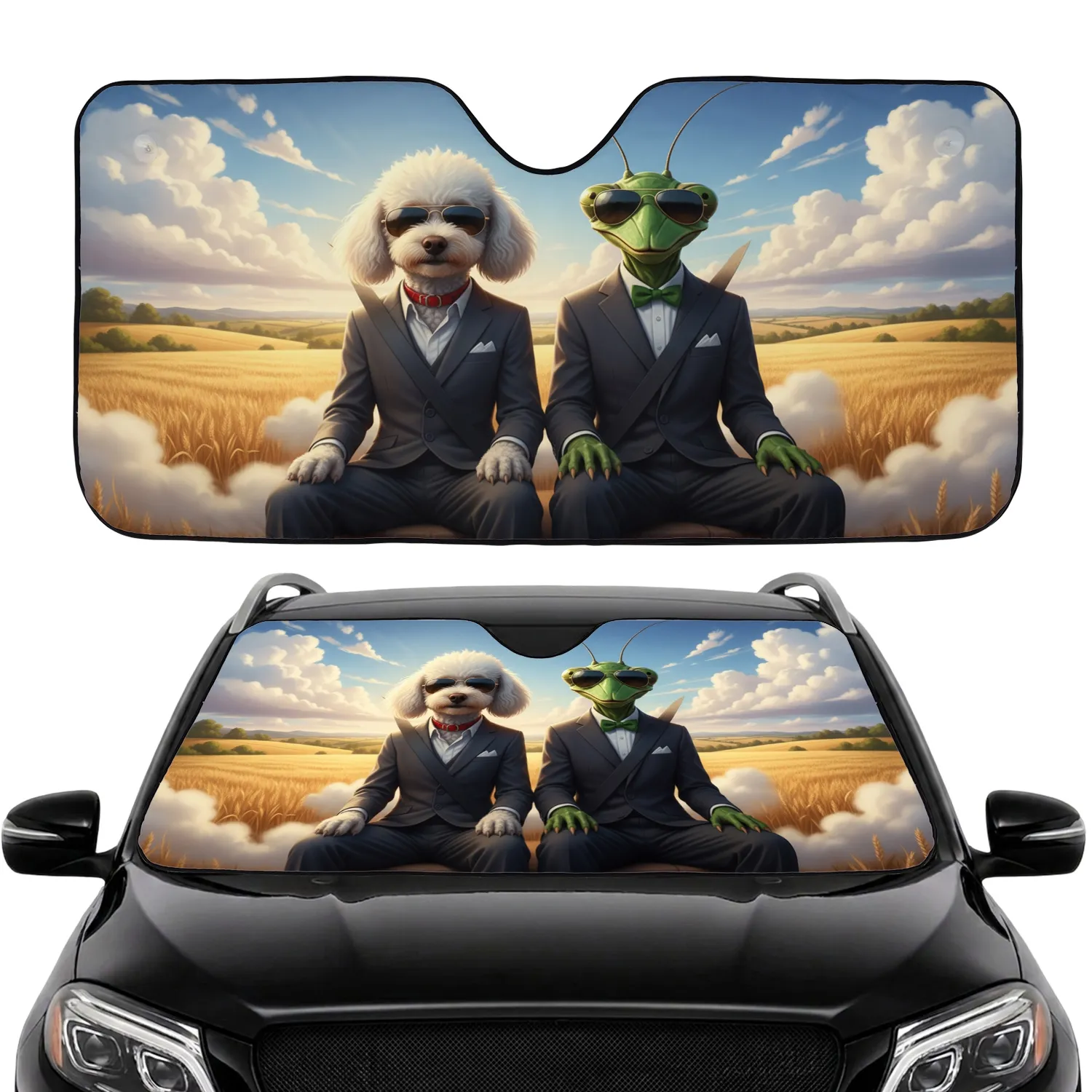 Praying Mantis Poodle Sunglasses Formal Golden Field - Road Trip Animal Lover Gift Car Sunshade - 1