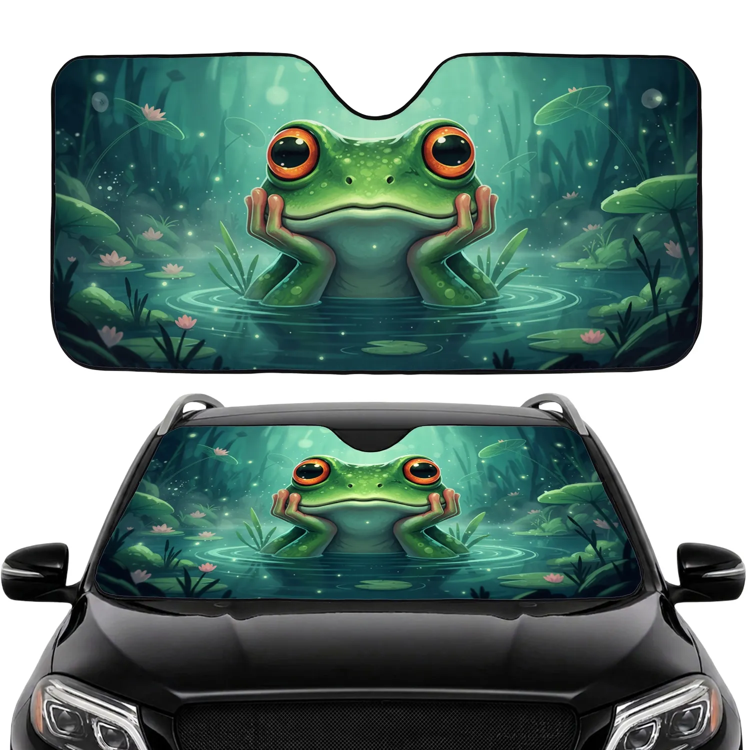 Green Frog Reflective Orange Eyes Pond Mist Aquatic Foliage - Wildlife Lover Gift Car Sunshade - 1