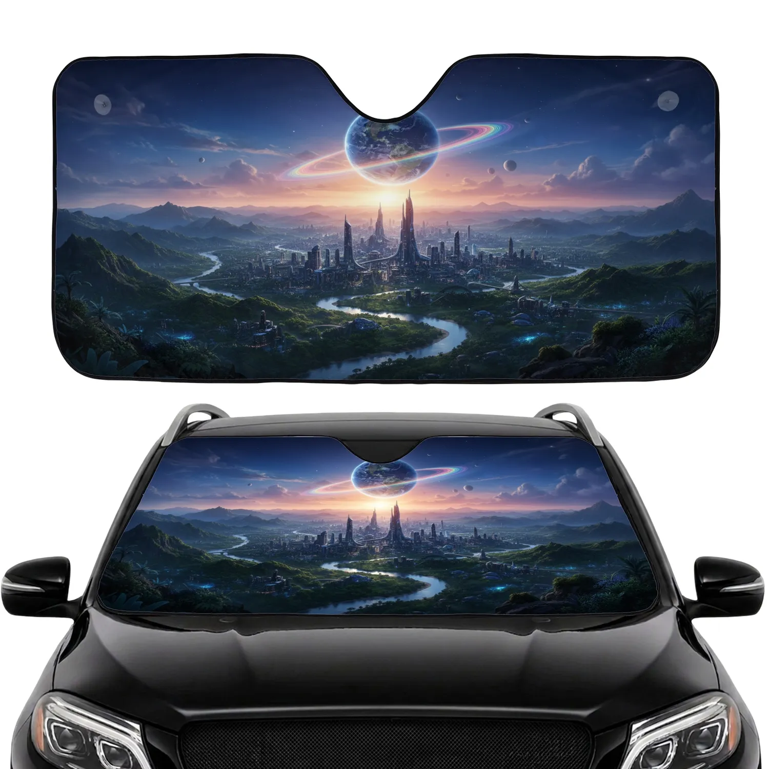 Futuristic Exoplanet Cityscape Rainbow Ring - Sci-Fi Lover Travel Essential Car Sunshade - 1