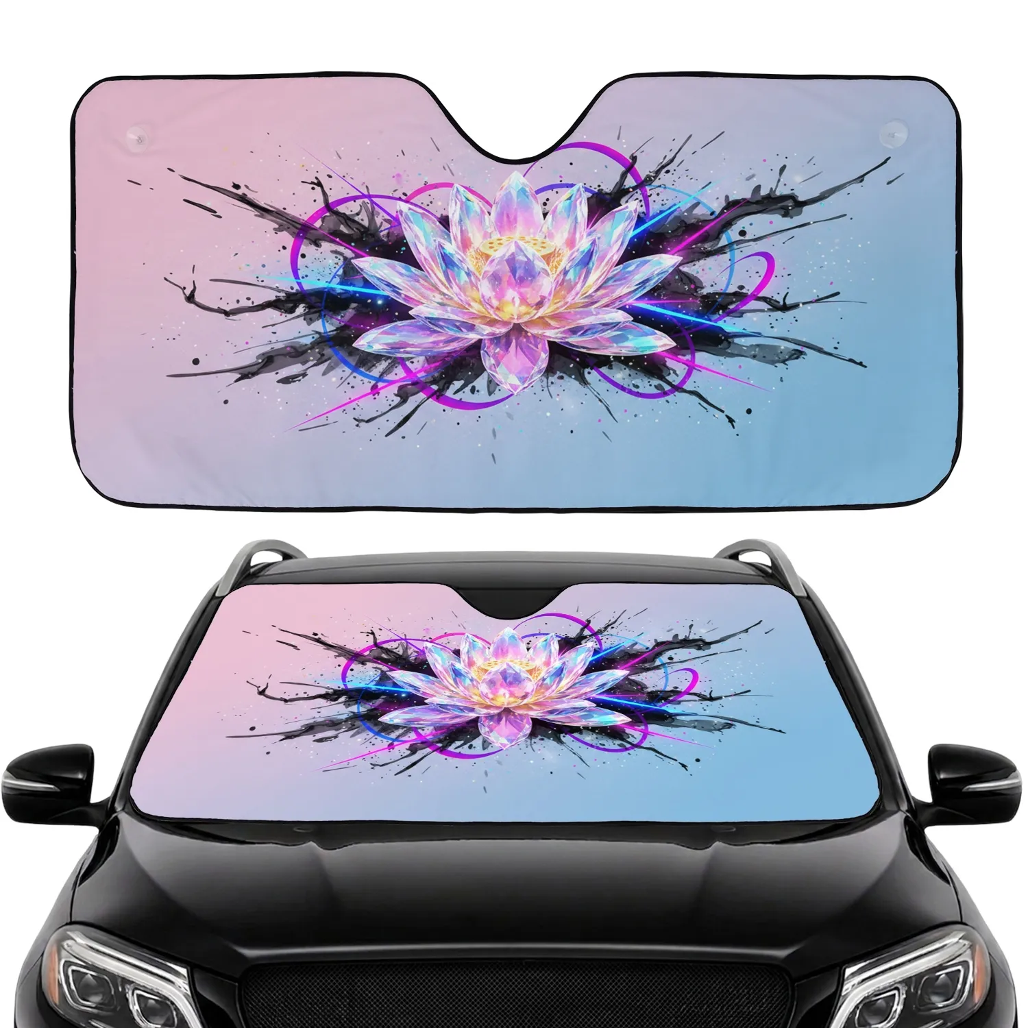 Iridescent Crystal Lotus Flower Black Ink Geometric Lines - Car Decor Gift Car Sunshade - 1