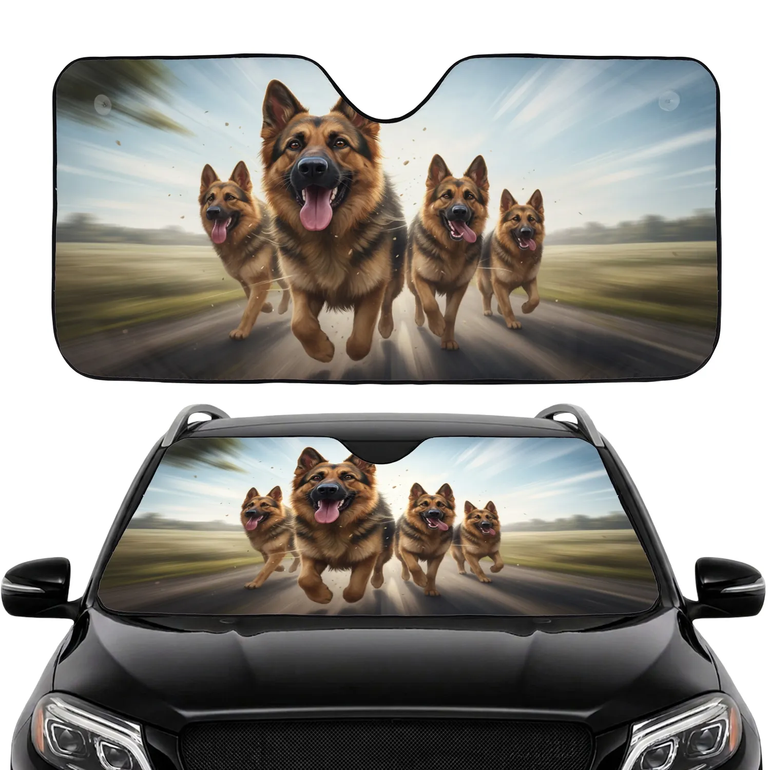 Happy German Shepherds Speeding Fields Adventure - Dog Lover Travel Gift Car Sunshade - 1