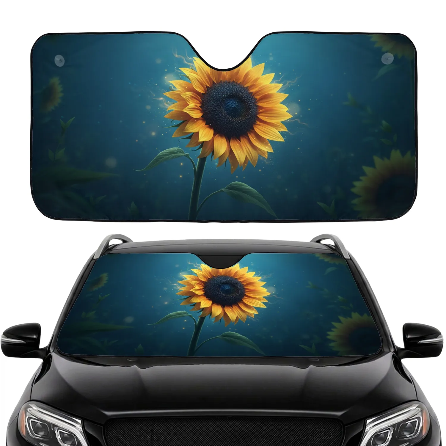 Golden Sunflower Blue Dark Seed Head Green Stem Deep Twilight Scene - Nature Lover Gift Car Sunshade - 1
