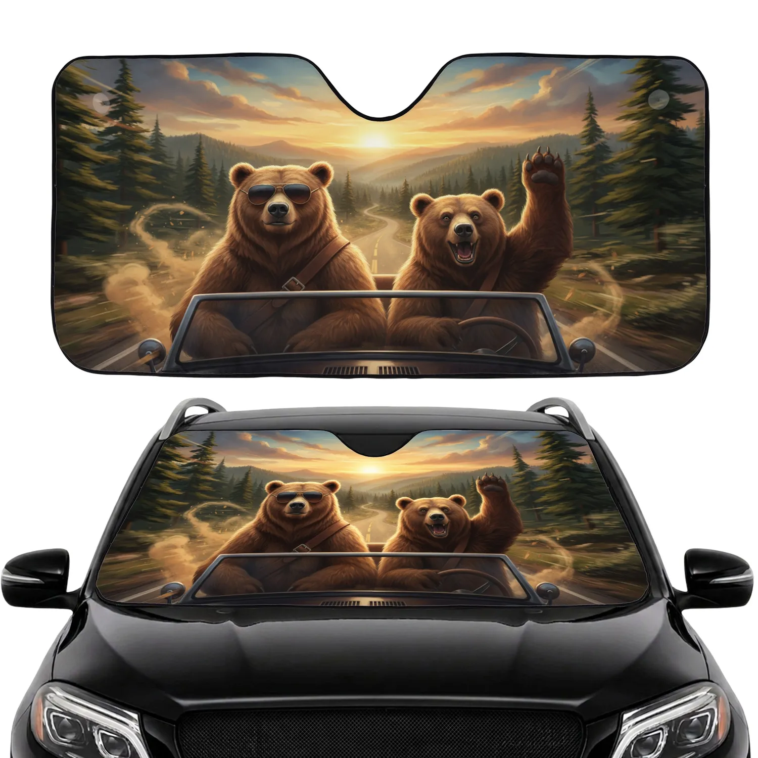 Funny Grizzly Bears Driving Road Trip - Wildlife Lover Travel Gift Car Sunshade - 1