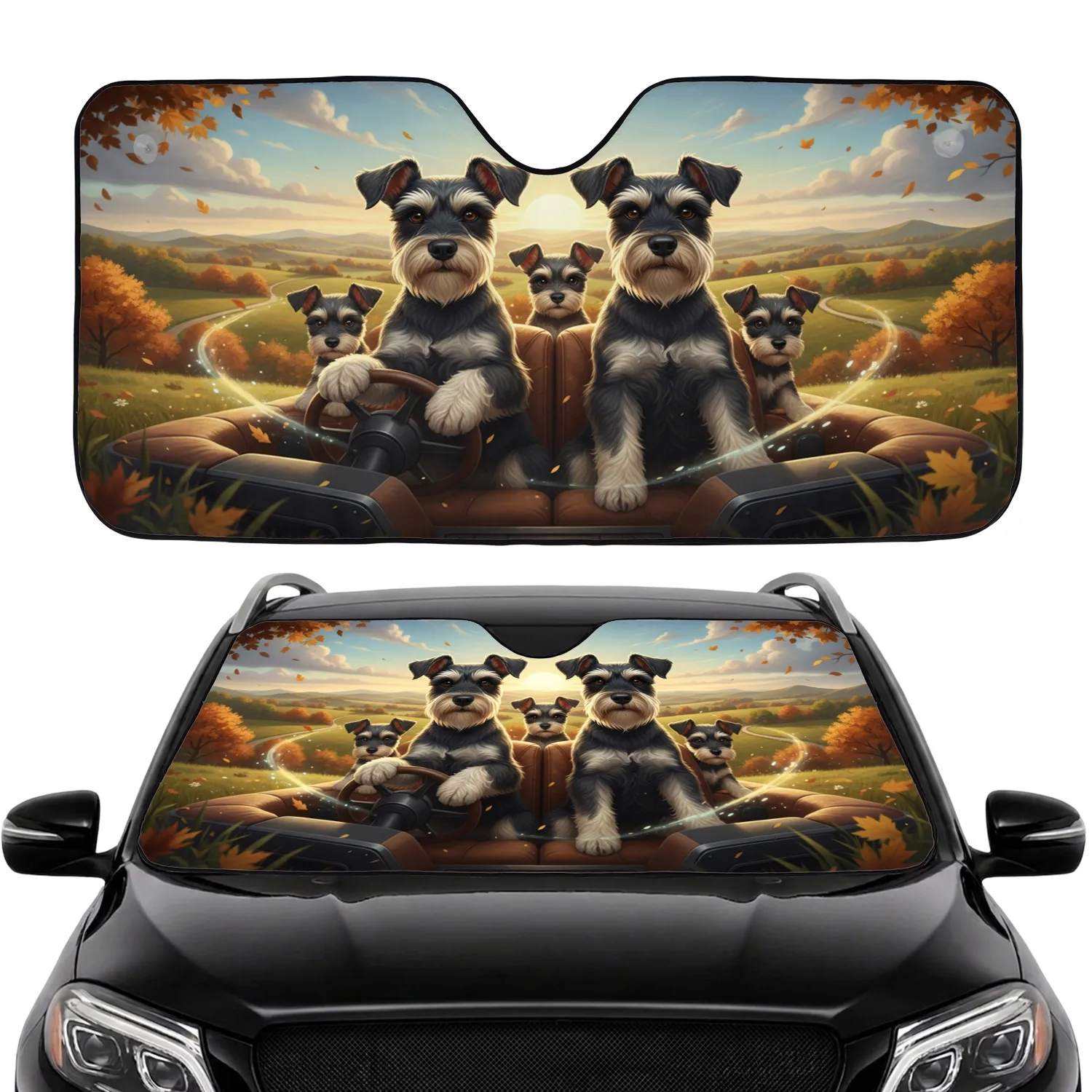 Miniature Schnauzers Driving Puppies Countryside Road Trip Adventure Gift for Dog Lovers Car Sunshade - 1