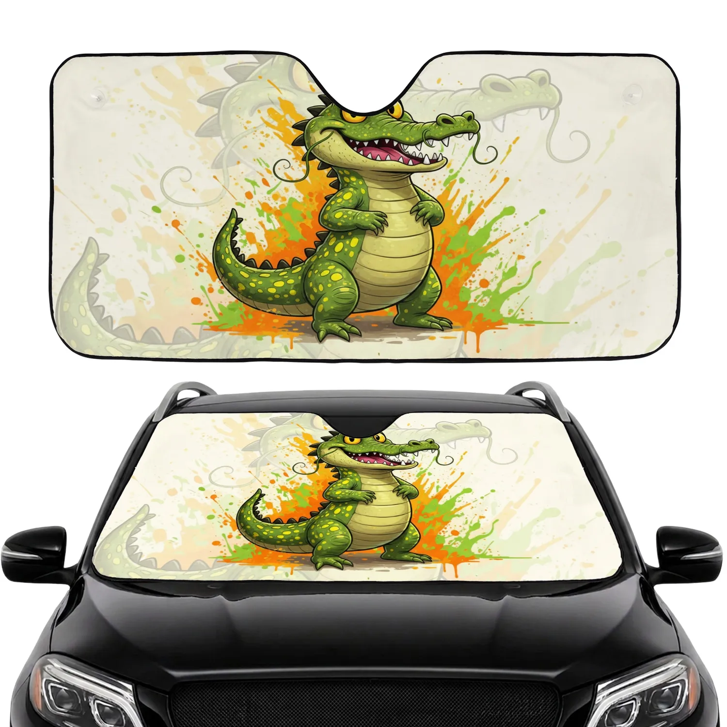 Mischievous Alligator Toothy Grin Paint Splatters - Wildlife Lover Gift Car Sunshade - 1